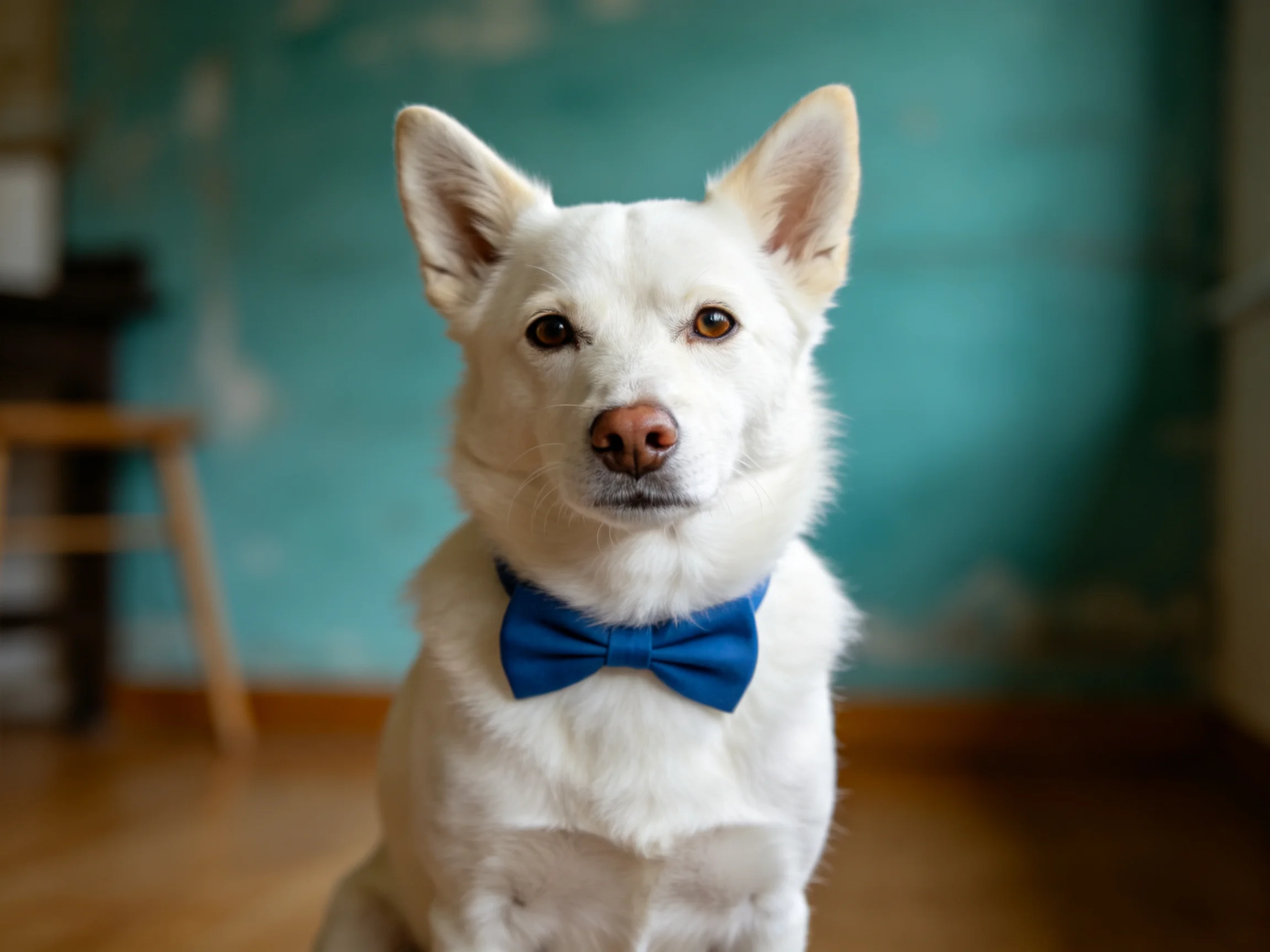 A white dog with a blue bow tie sits near a teal wall