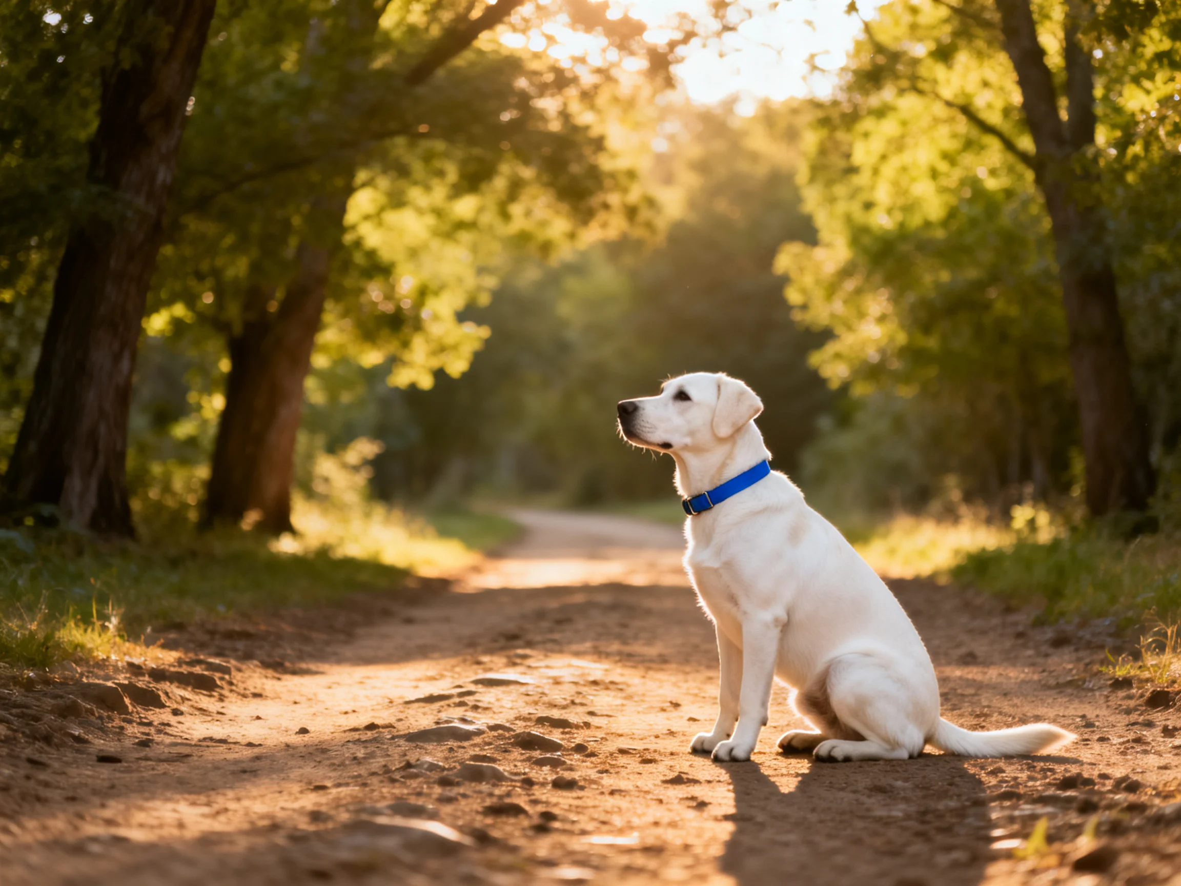 A white dog with a blue collar sits on a sunlit forest path
