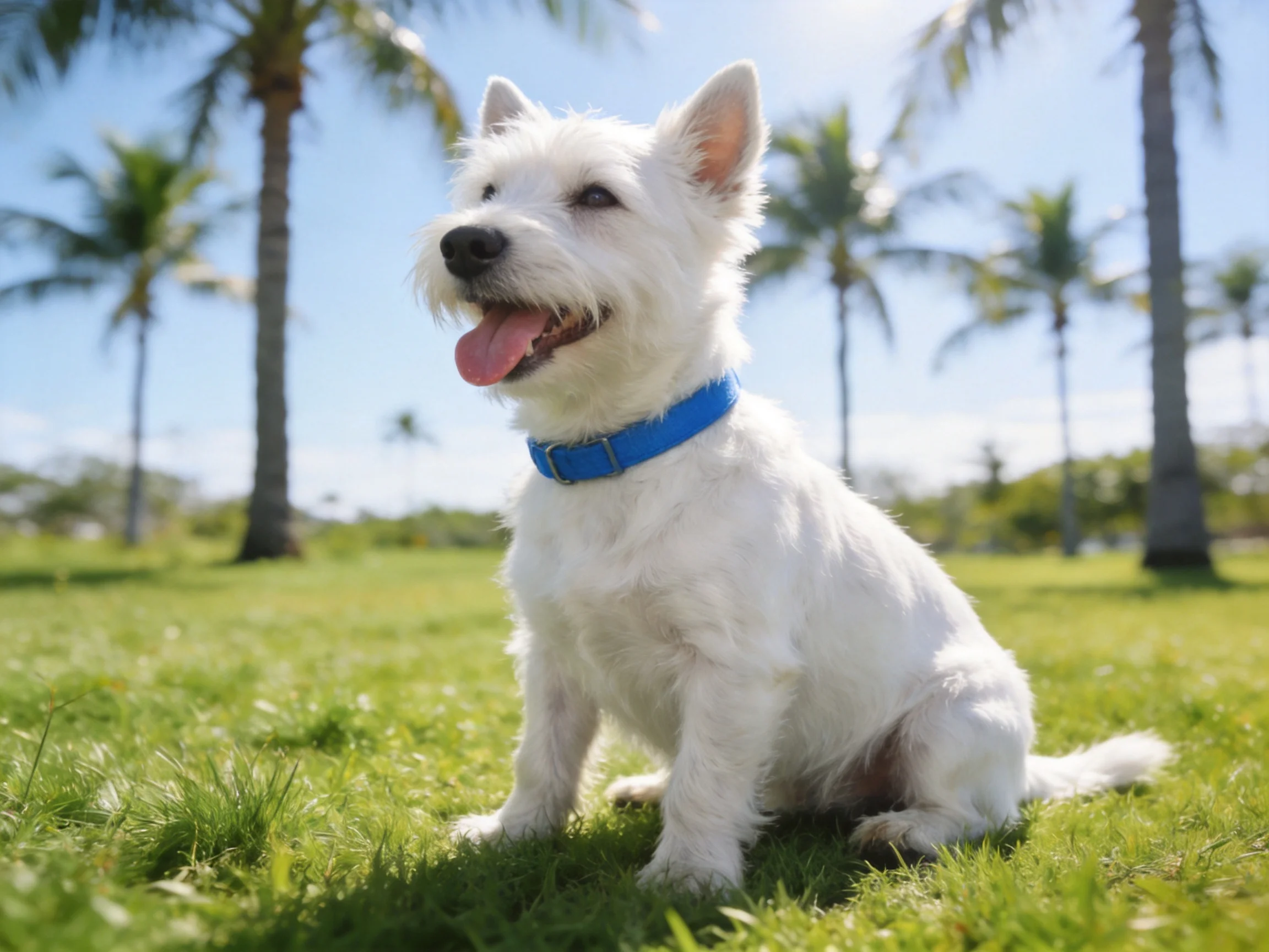 A white dog with a blue collar sits on grass in a outdoor area with palm trees