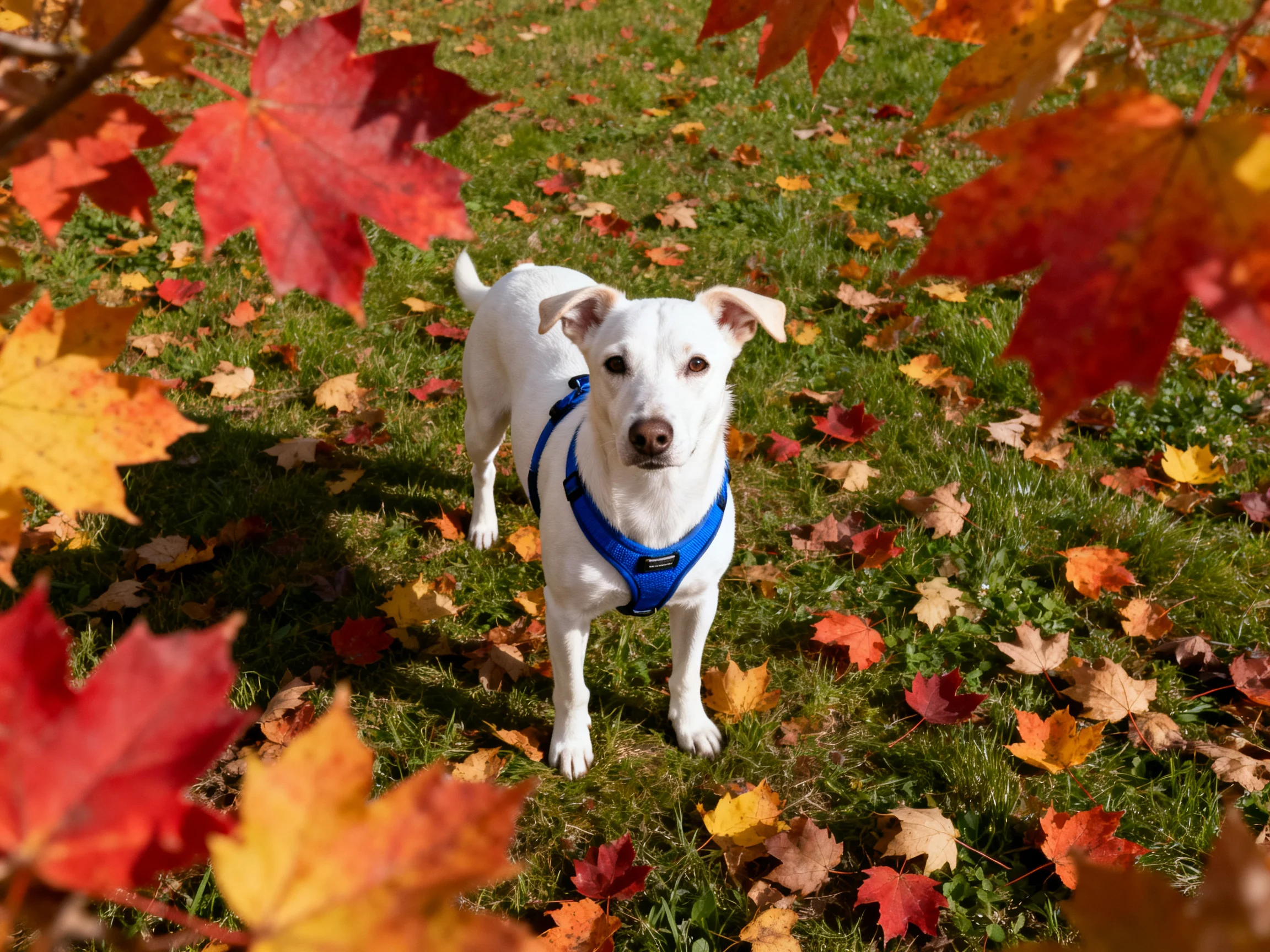 A white dog with a blue harness stands among colorful autumn leaves on grass