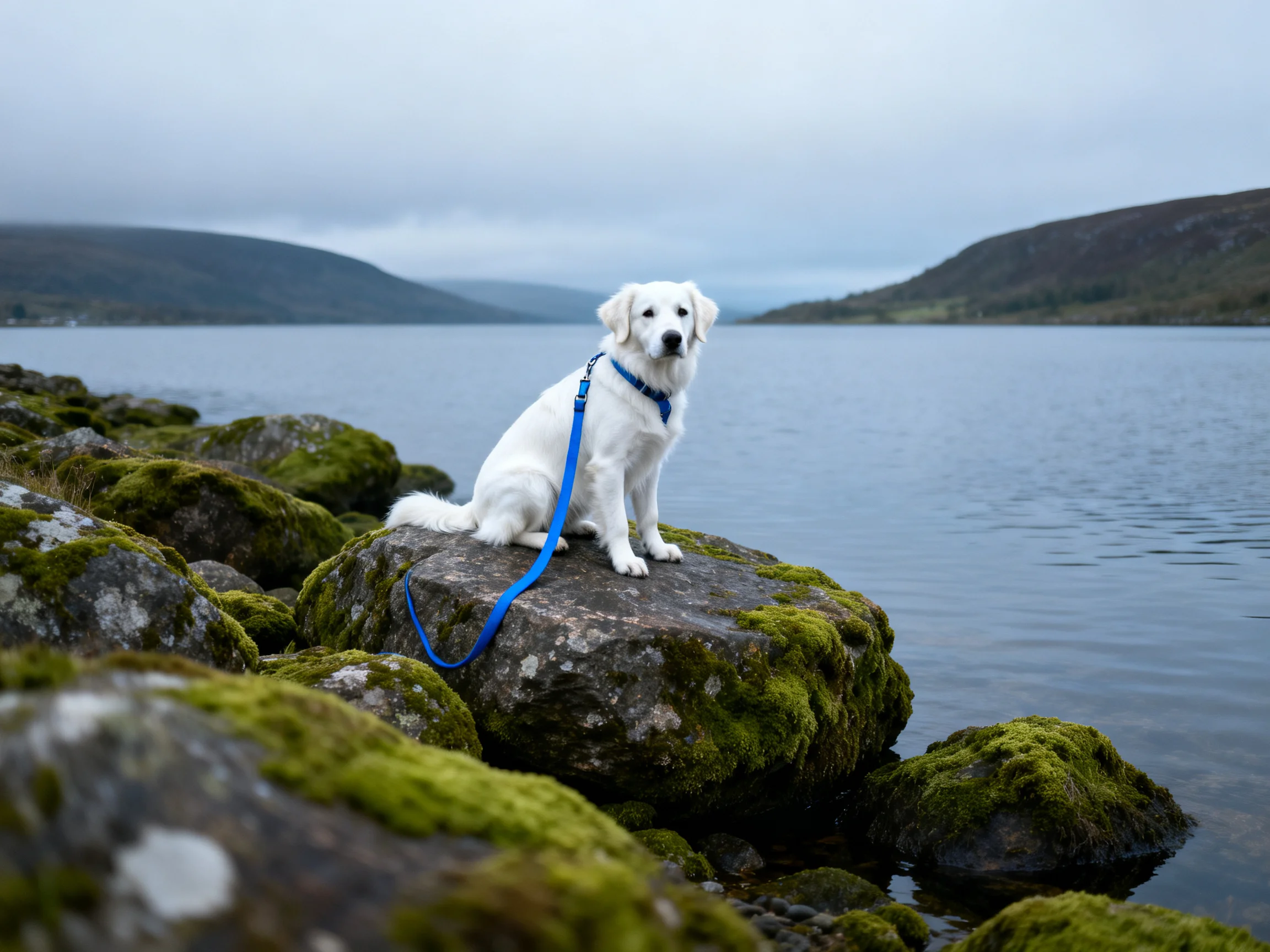 A white dog with a blue leash sits on mossy rocks by a calm lake