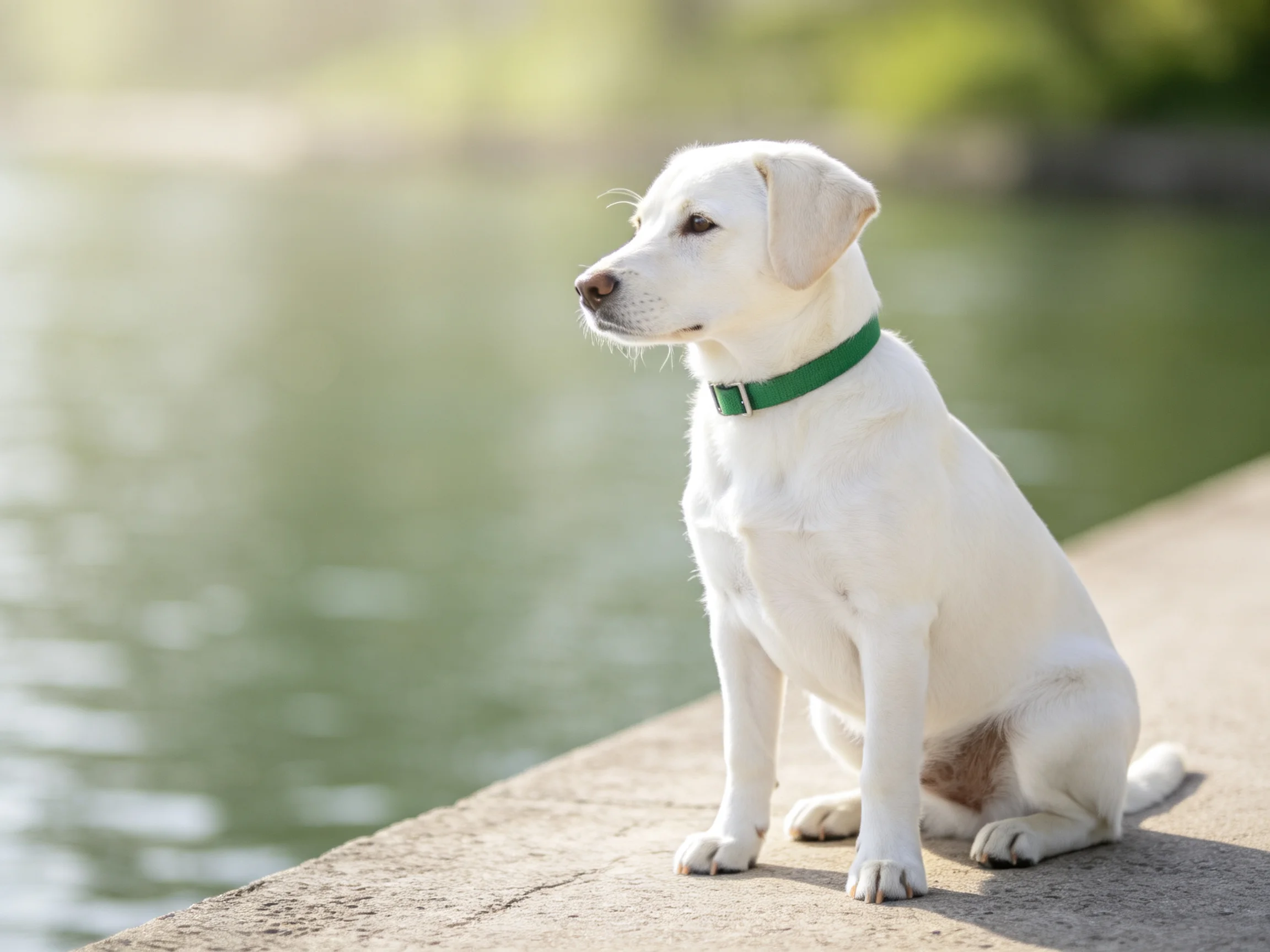 A white dog with a green collar sits near a body of water.