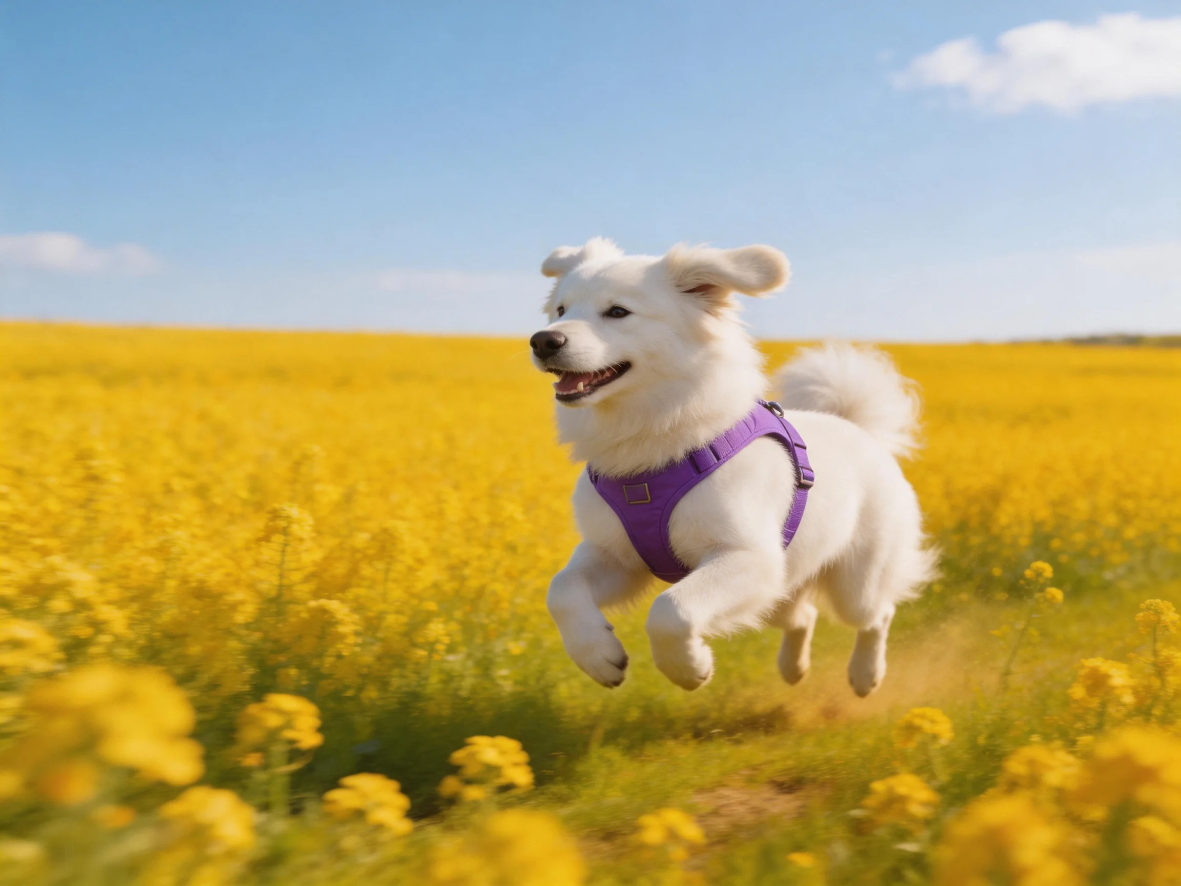 A white dog with a purple harness runs through a vast yellow flower field