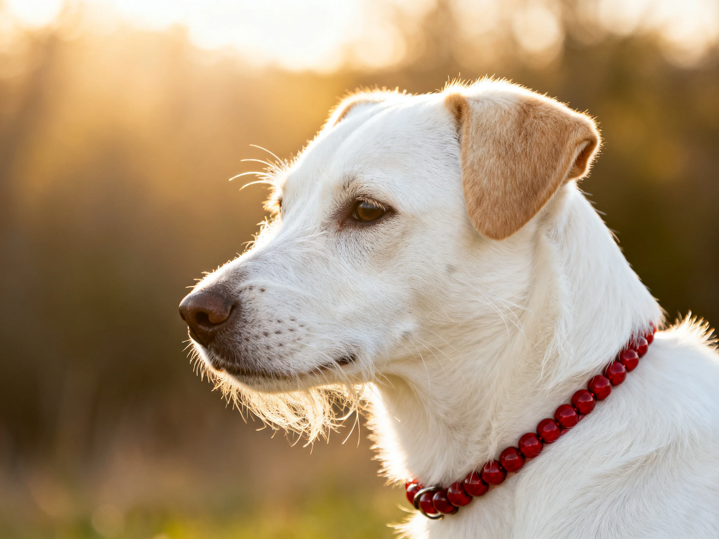 A white dog with a red collar is photographed outdoors in golden light.