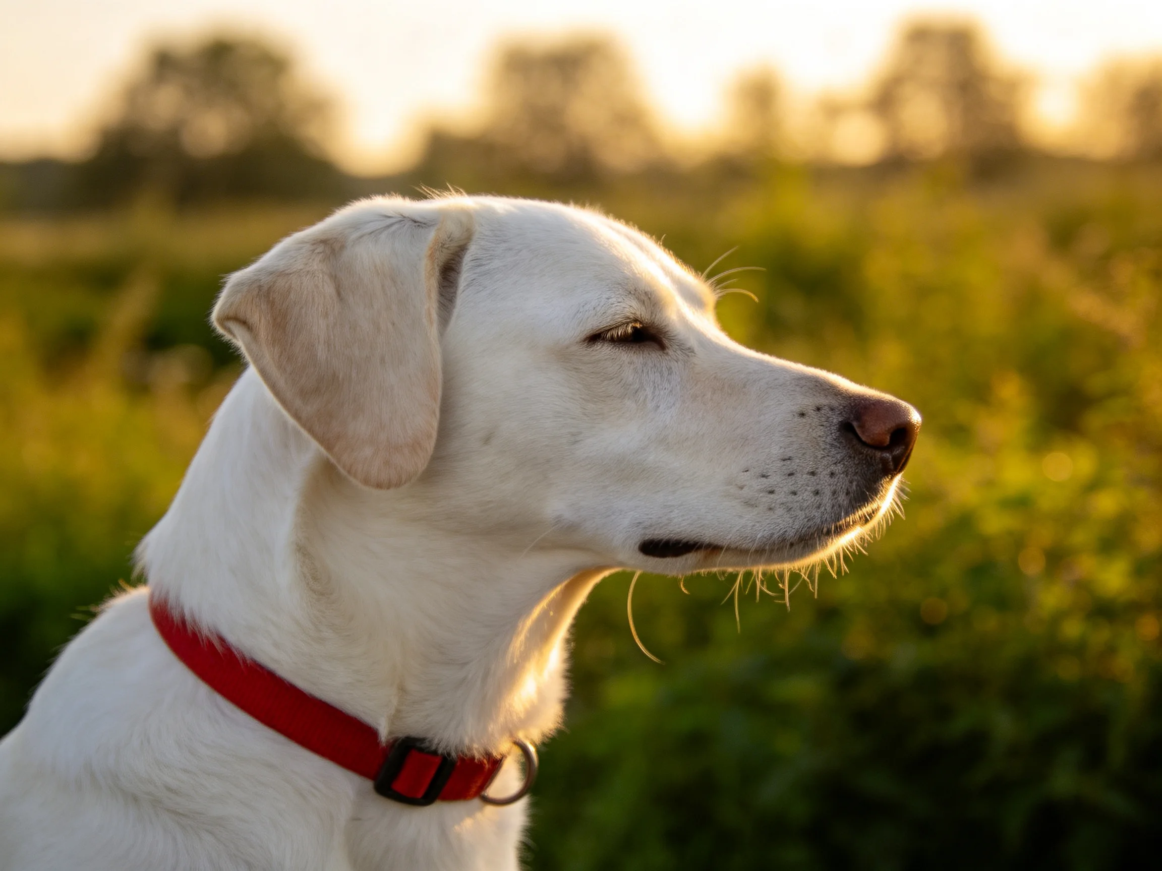 A white dog with a red collar is in a sunlit green outdoor setting.