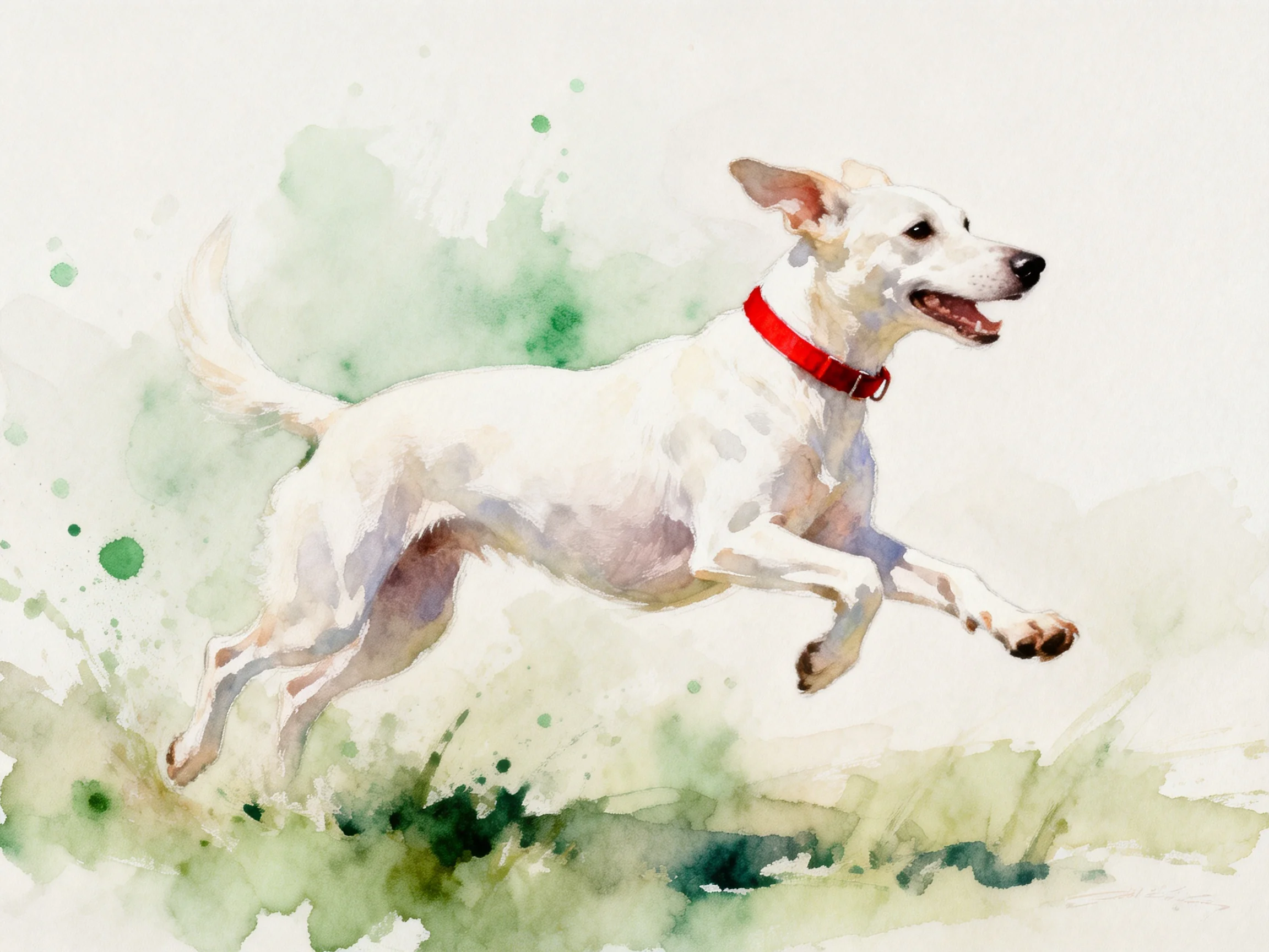A white dog with a red collar leaps in a watercolor scene