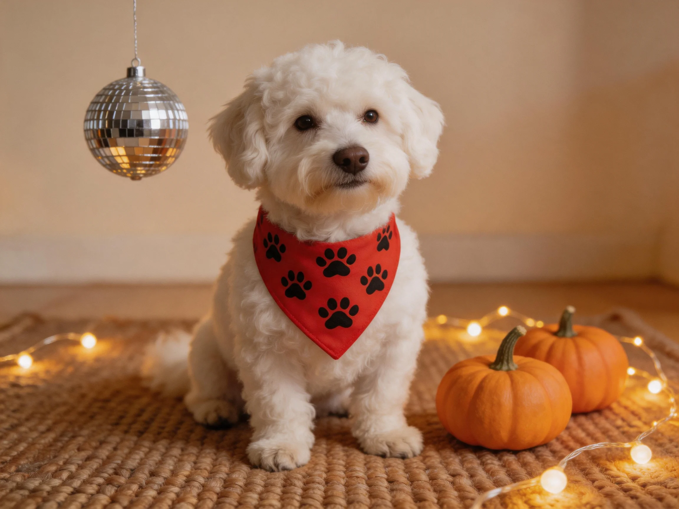 A white dog sits near small orange pumpkins with festive decorations.