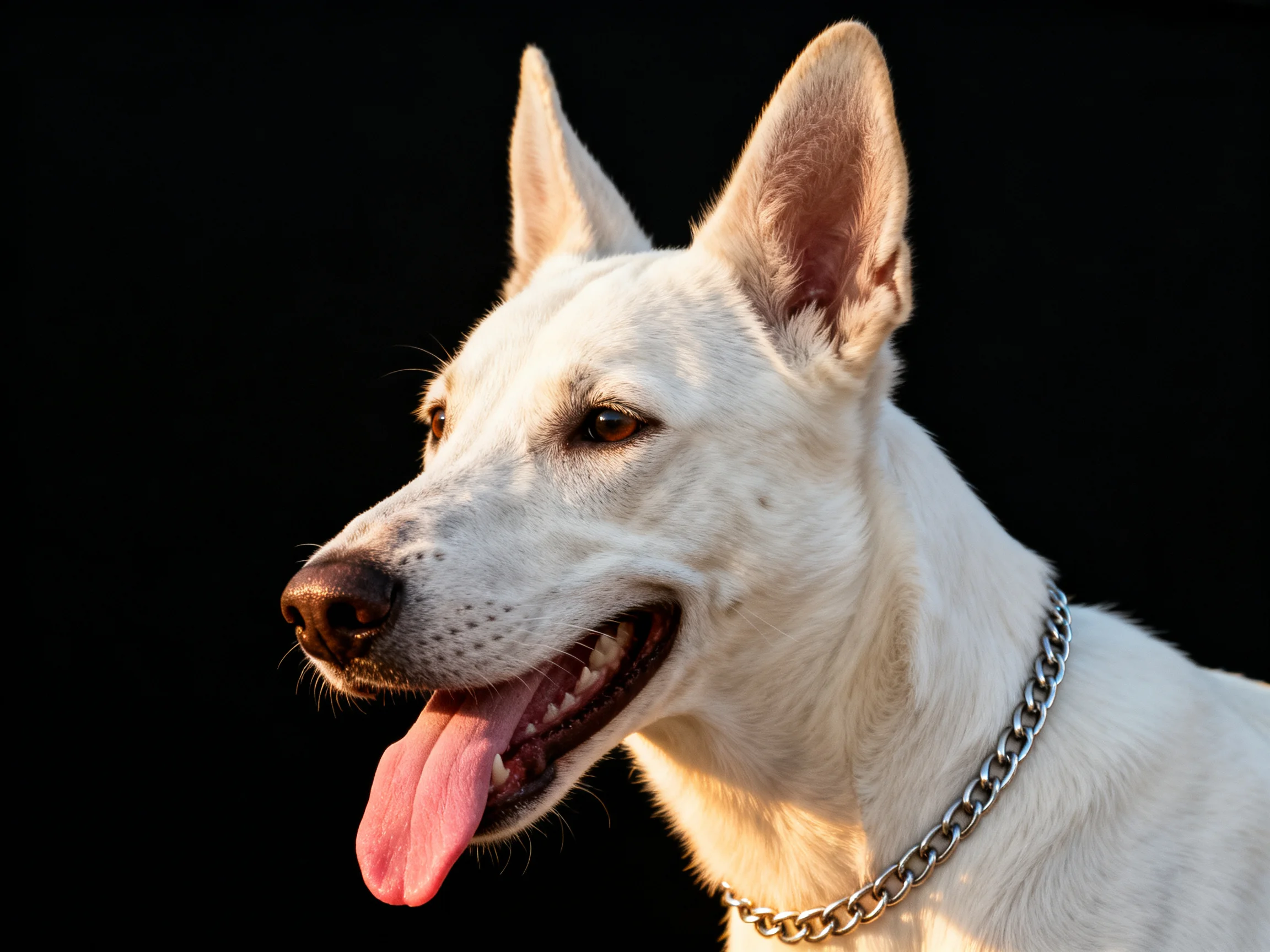 A white dog with a silver chain against a black backdrop