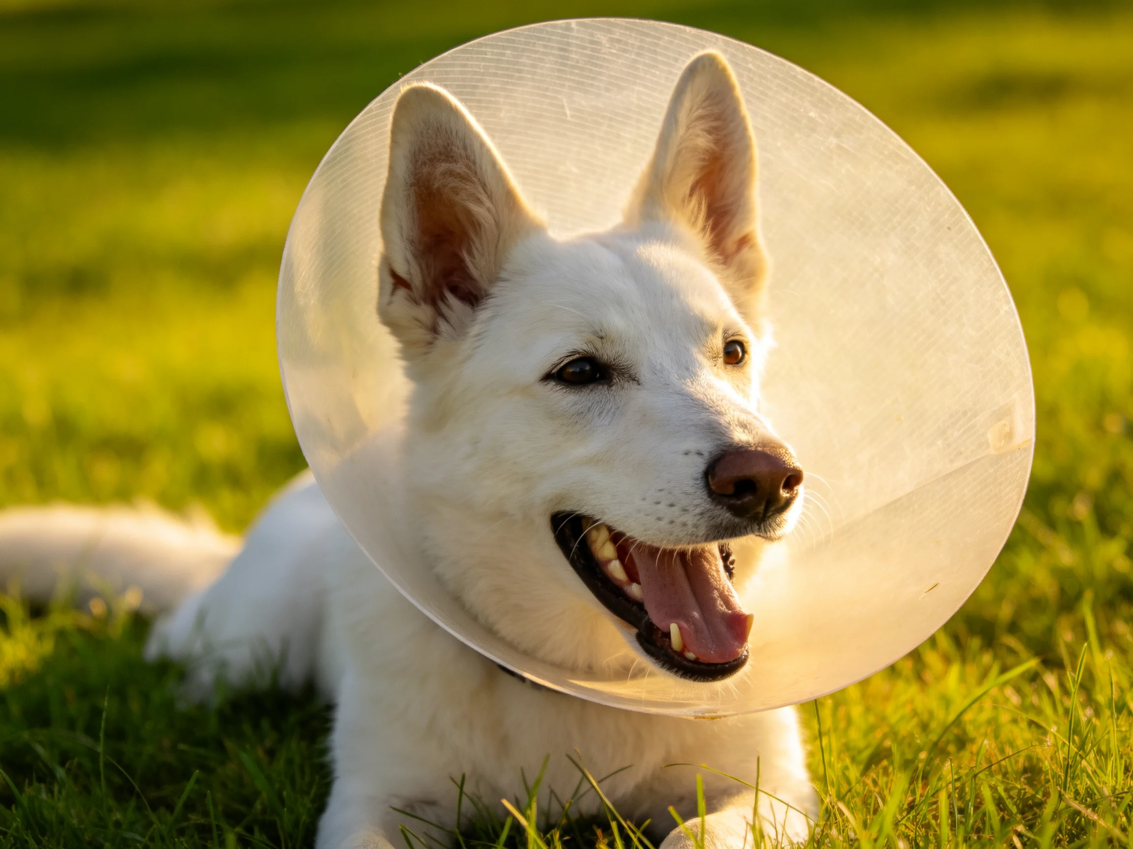 A white dog with an Elizabethan collar lies on sunlit green grass