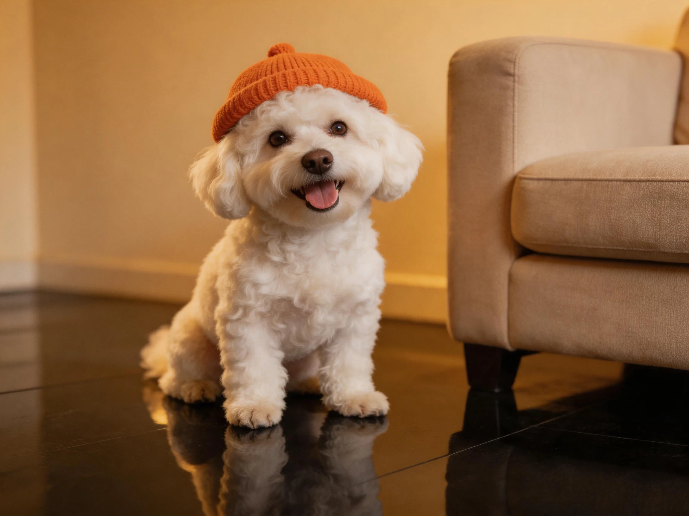 A white dog with an orange knit cap sits near a beige sofa