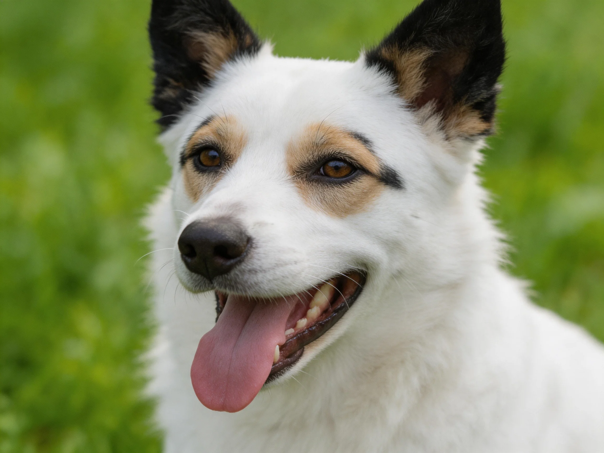A white dog with black ears and tan markings stands amid green foliage.