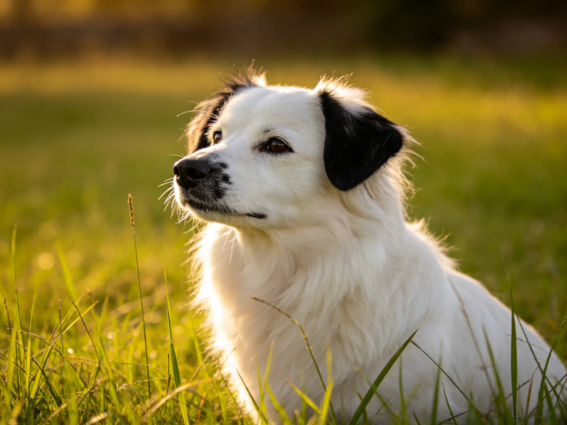 A white dog with black ears sits in sunlit grassy field