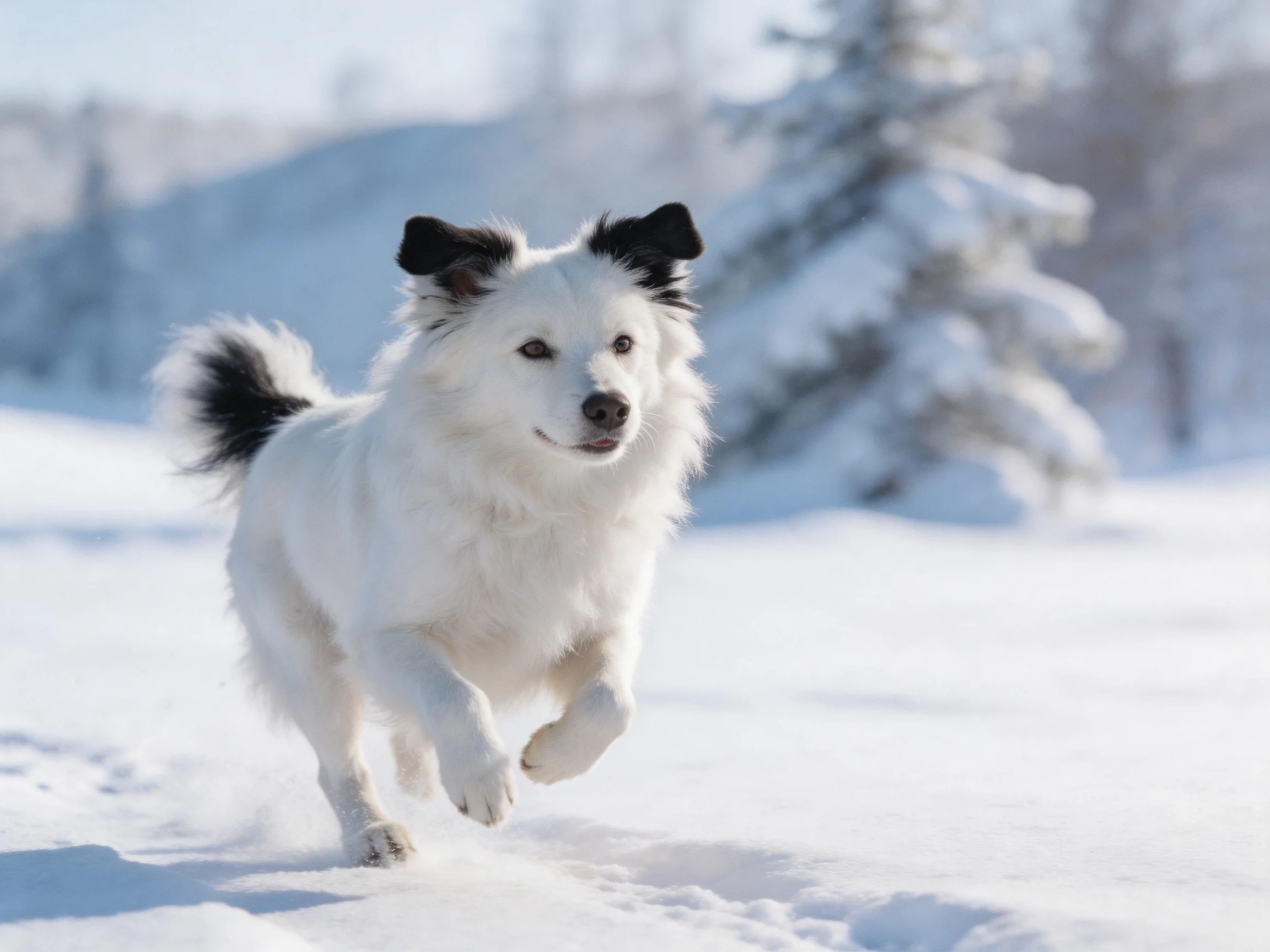 A white dog with black markings runs through a snowy landscape near evergreens