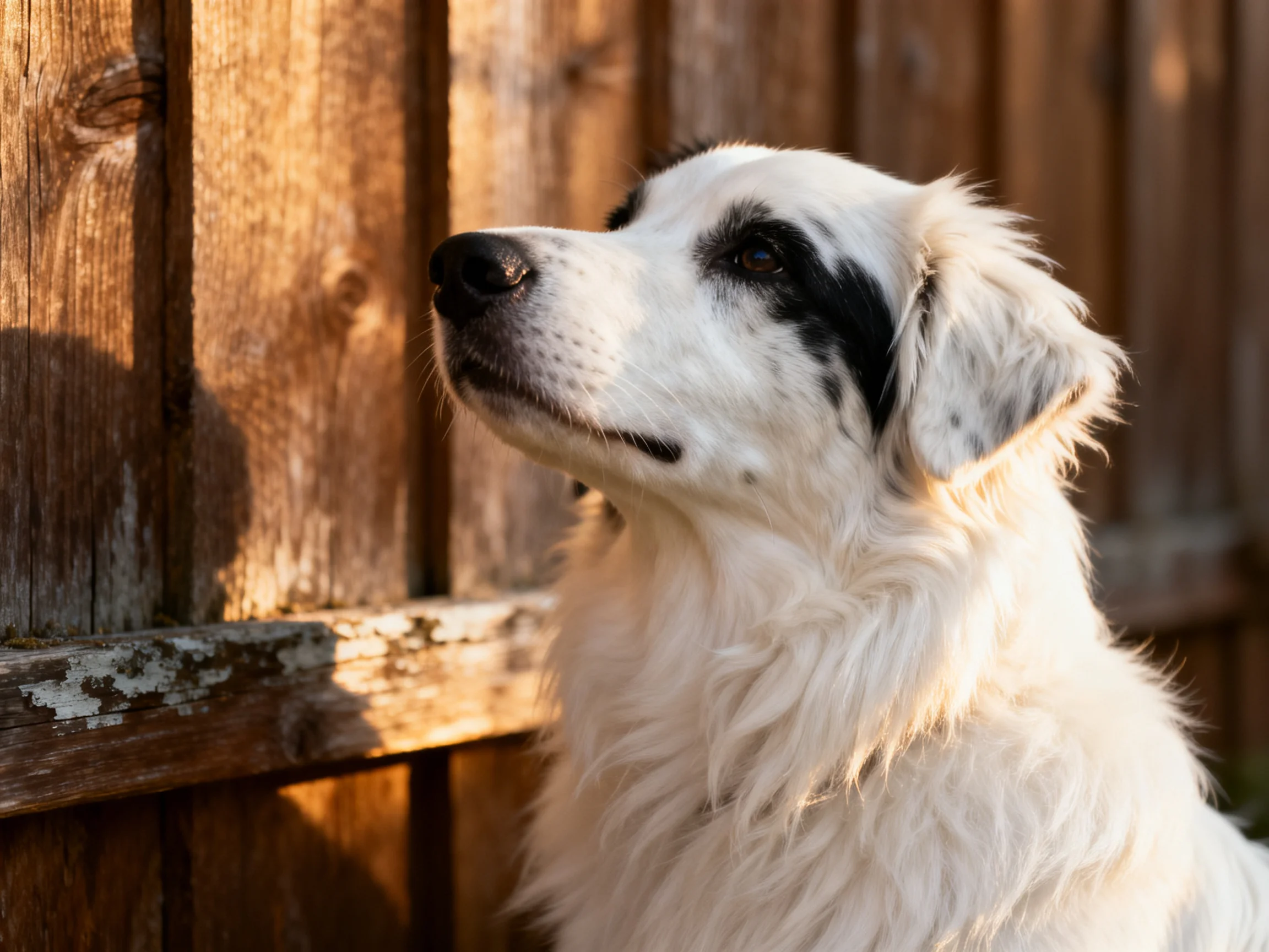A white dog with black patches near a weathered wooden fence