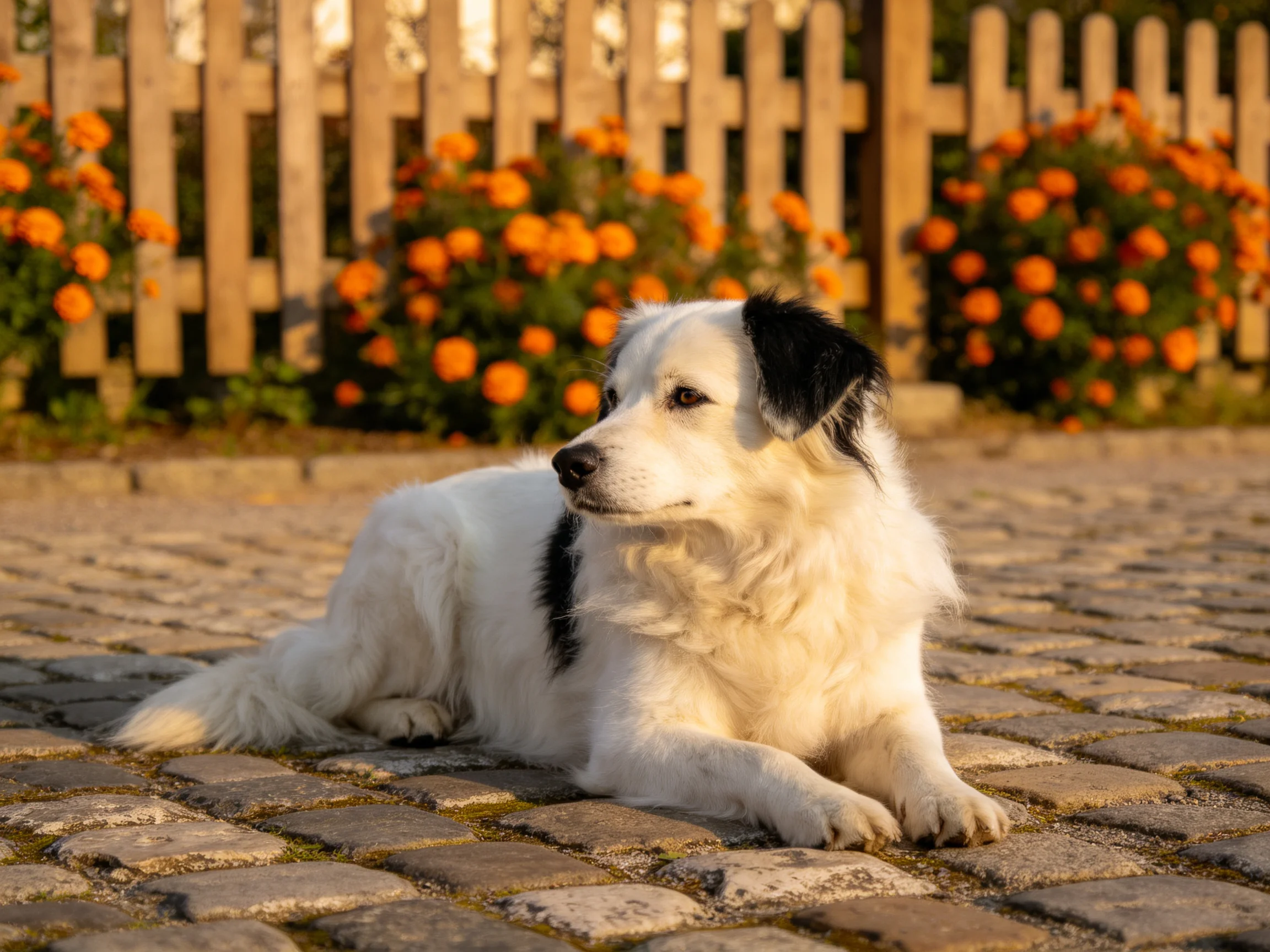 A white dog with black patches rests near orange flowers and a wooden fence