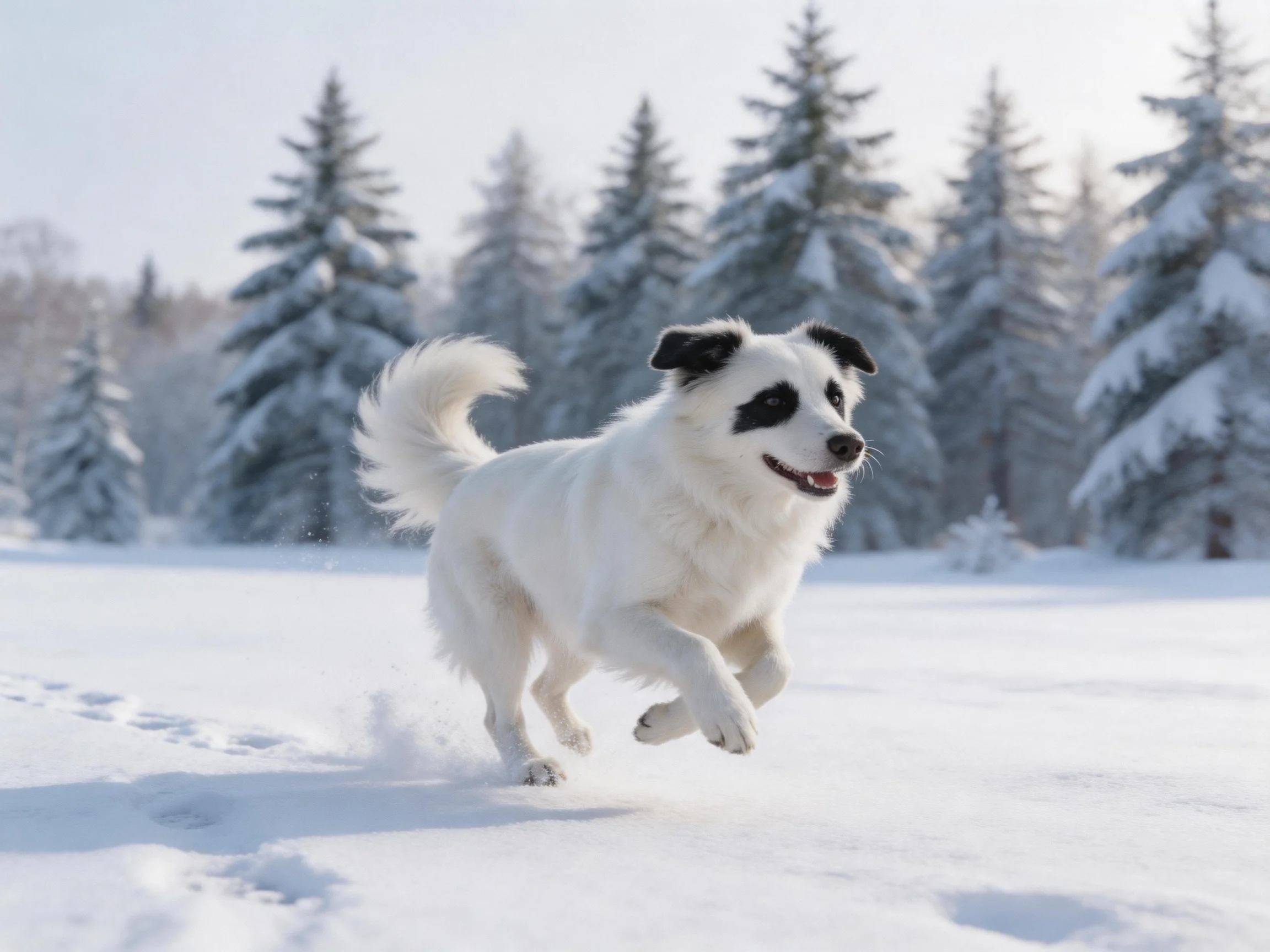 A white dog with black patches runs through a snowy forest landscape