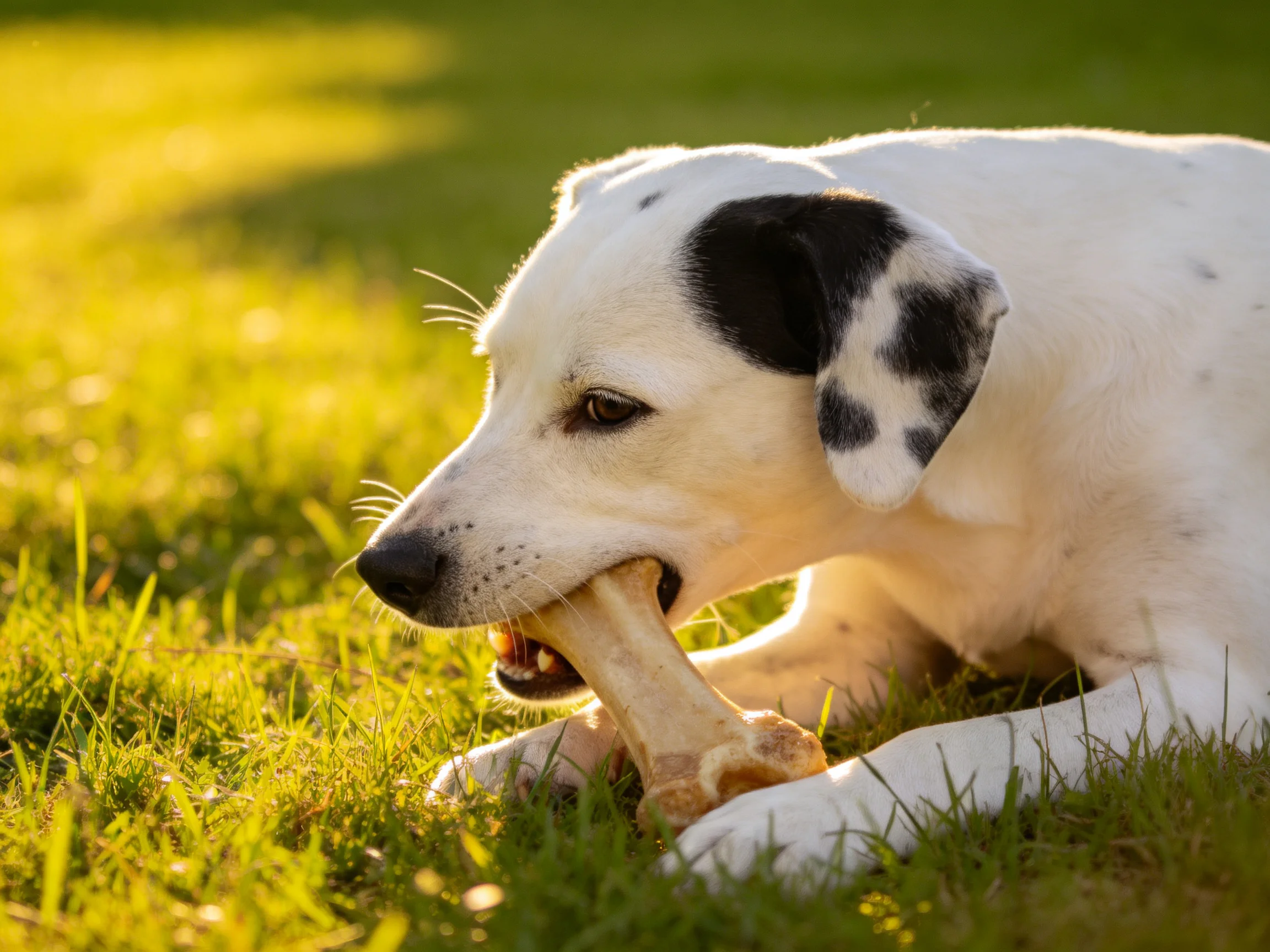 A white dog with black spots chews a bone on sunlit grass