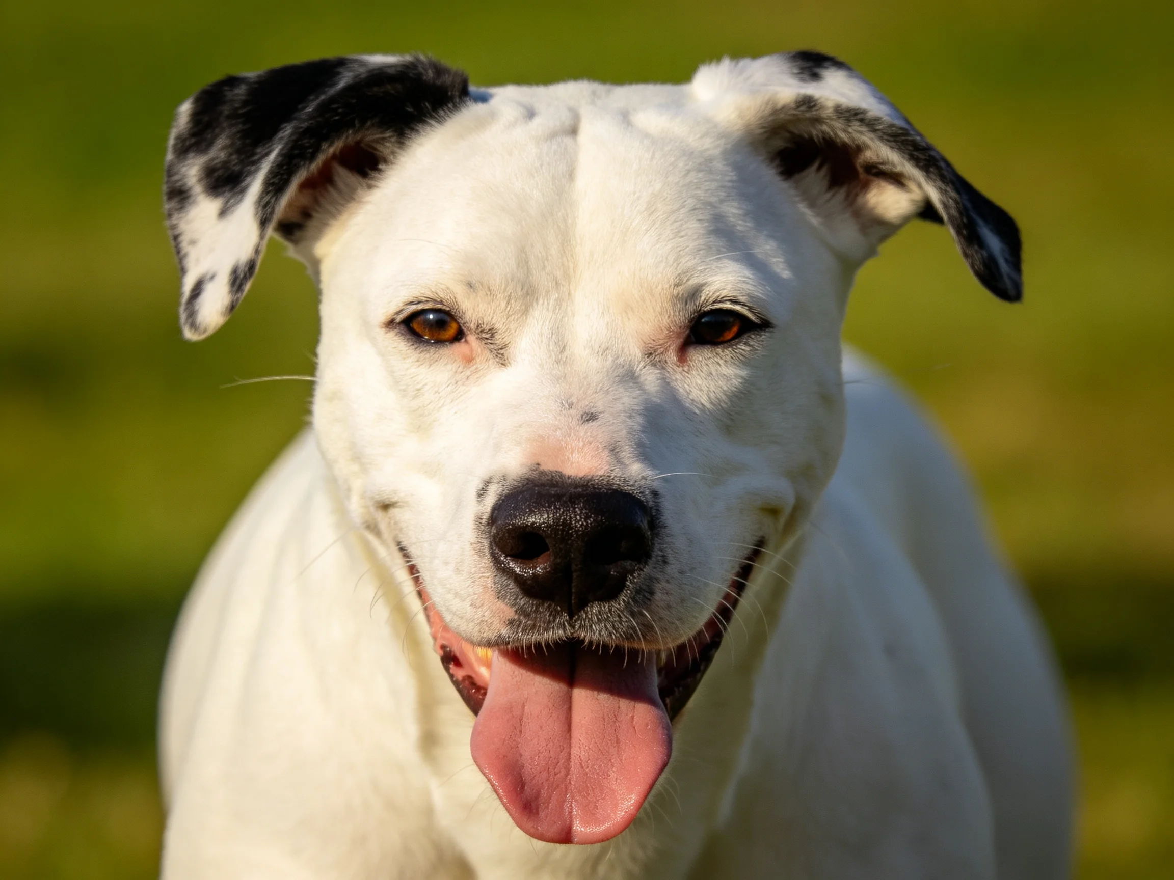 A white dog with black markings is in a sunlit green outdoor area.