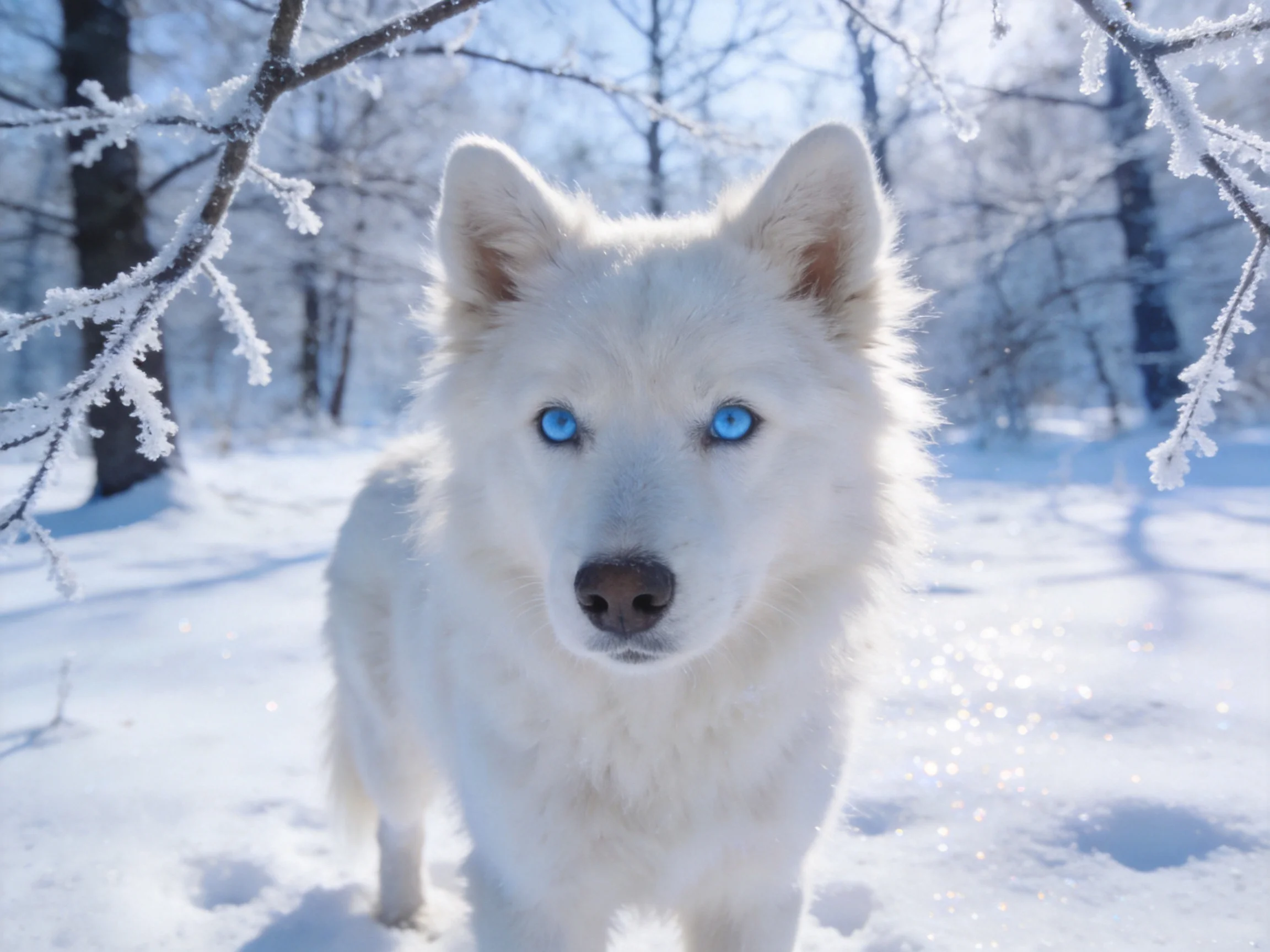 A white dog with blue eyes stands in a snowy frosty forest.