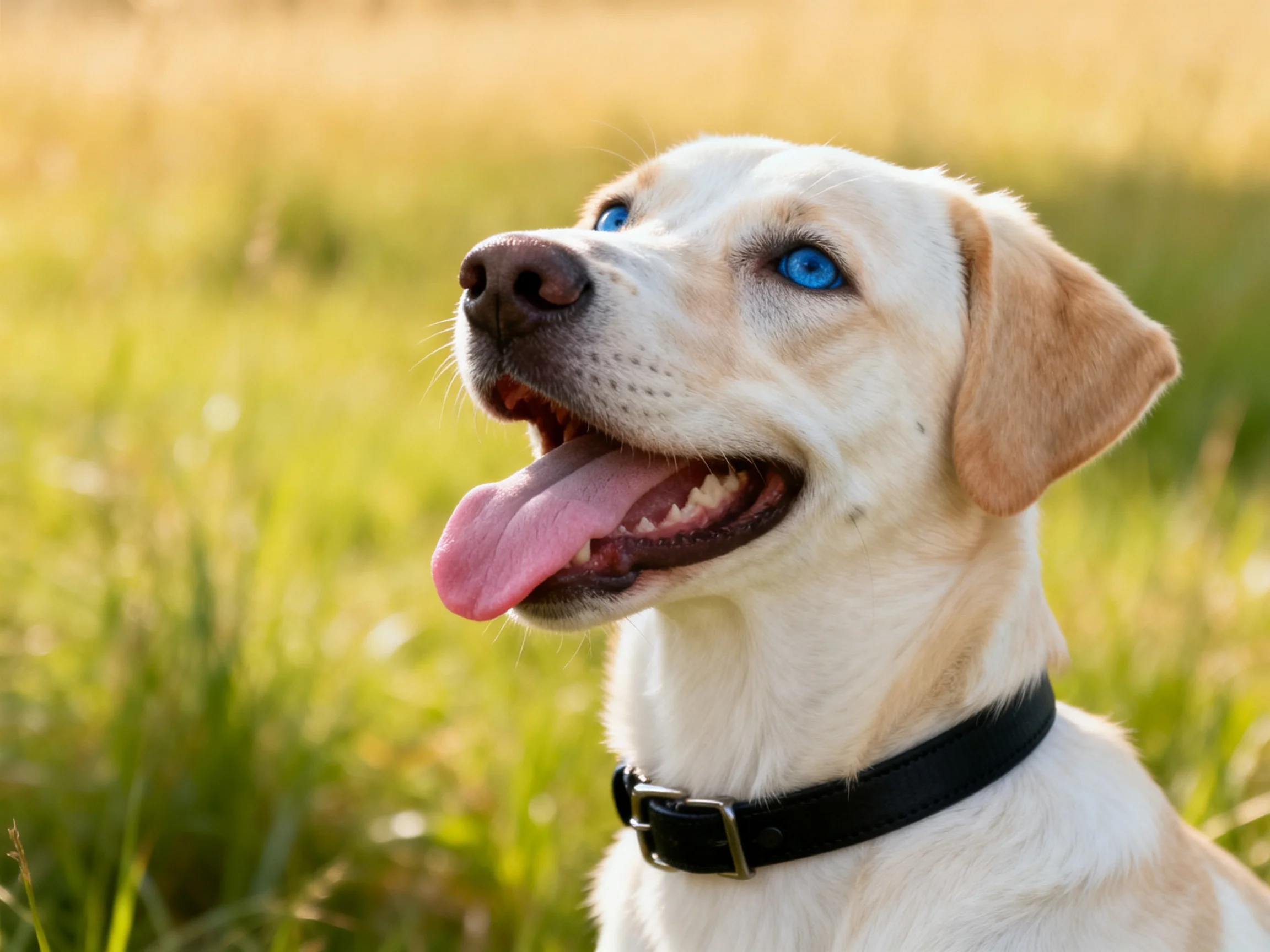 A white dog with blue eyes enjoys the sunny outdoor setting.