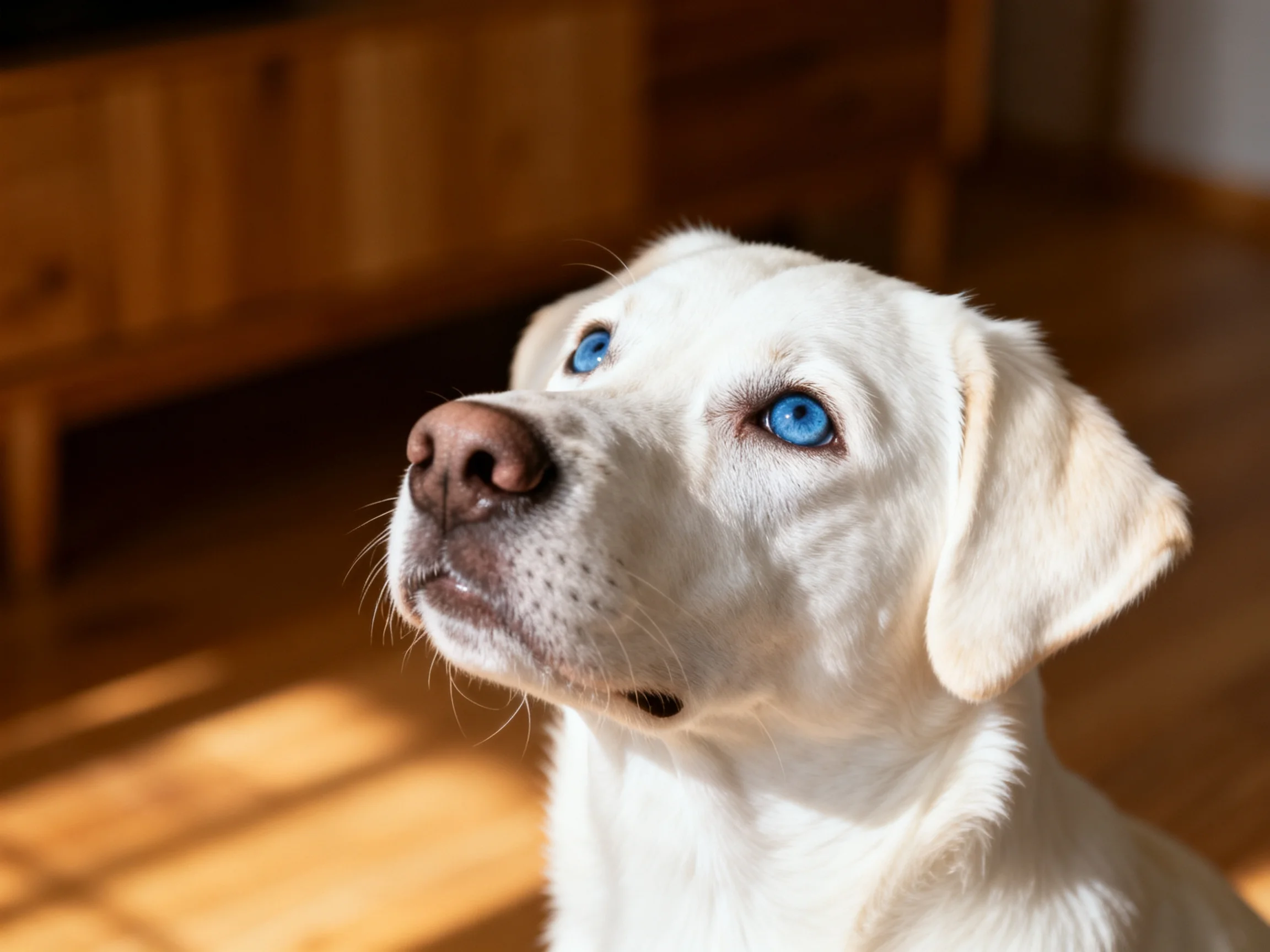 A white dog with blue eyes looks upward in a sunlit wooden room.
