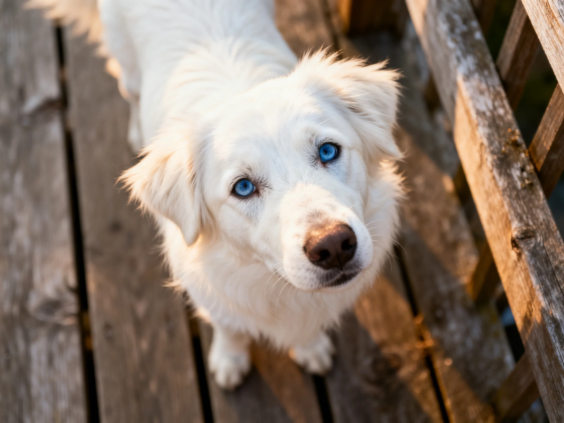 A white dog with blue eyes looks upward on a wooden deck.