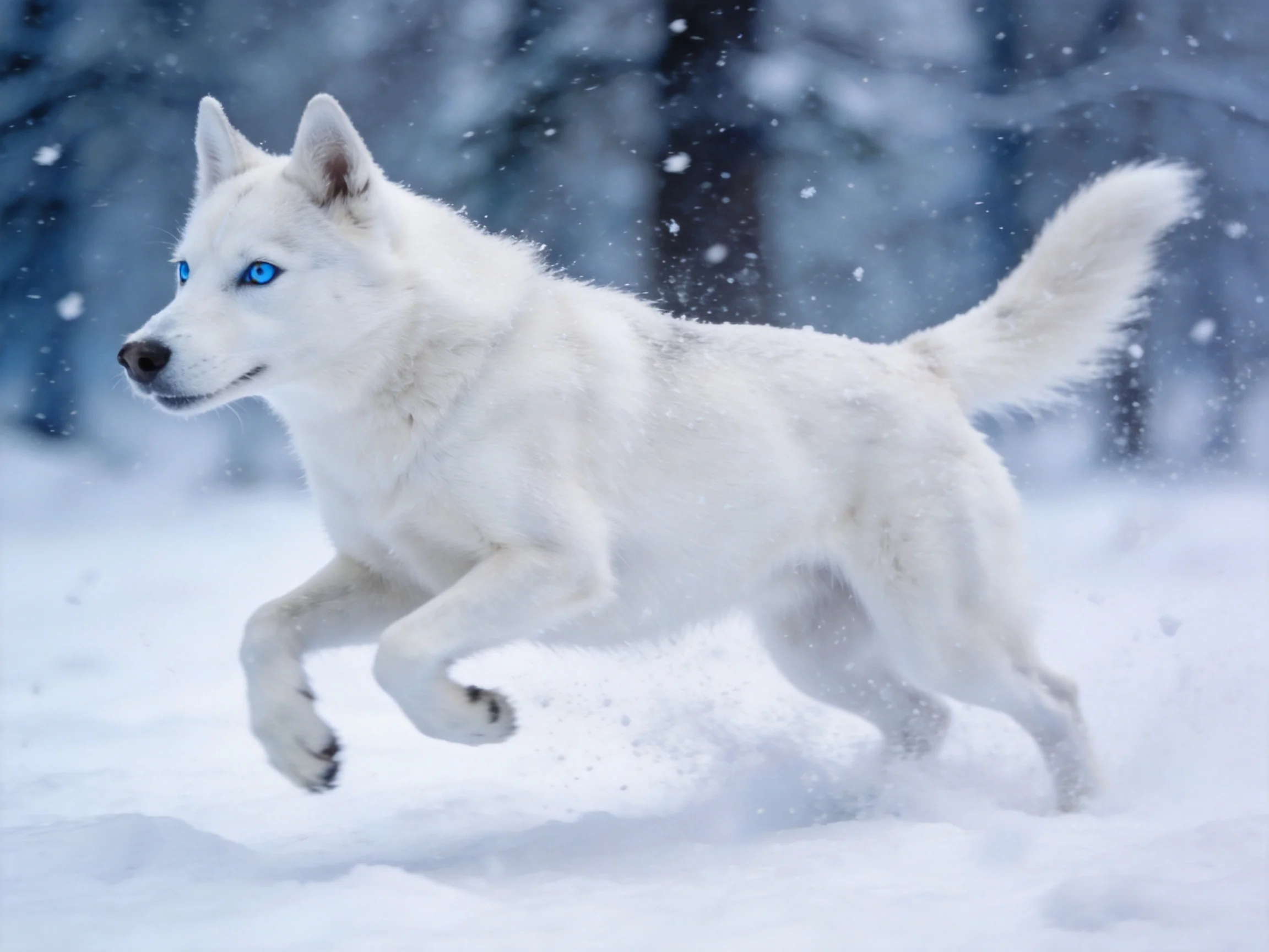 A white dog with bright blue eyes running through a snowy forest