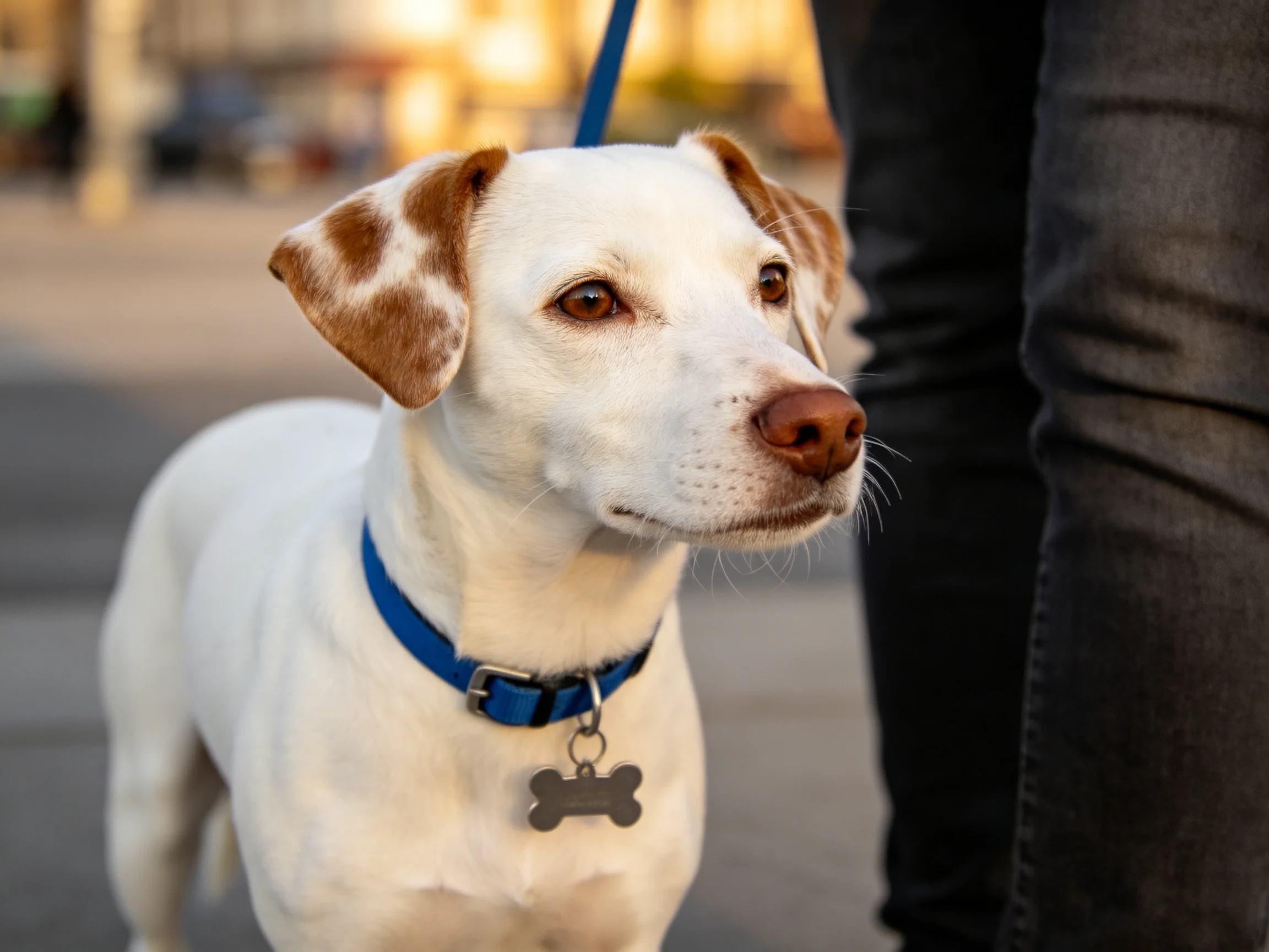 A white dog with brown markings stands beside a person on a paved area.