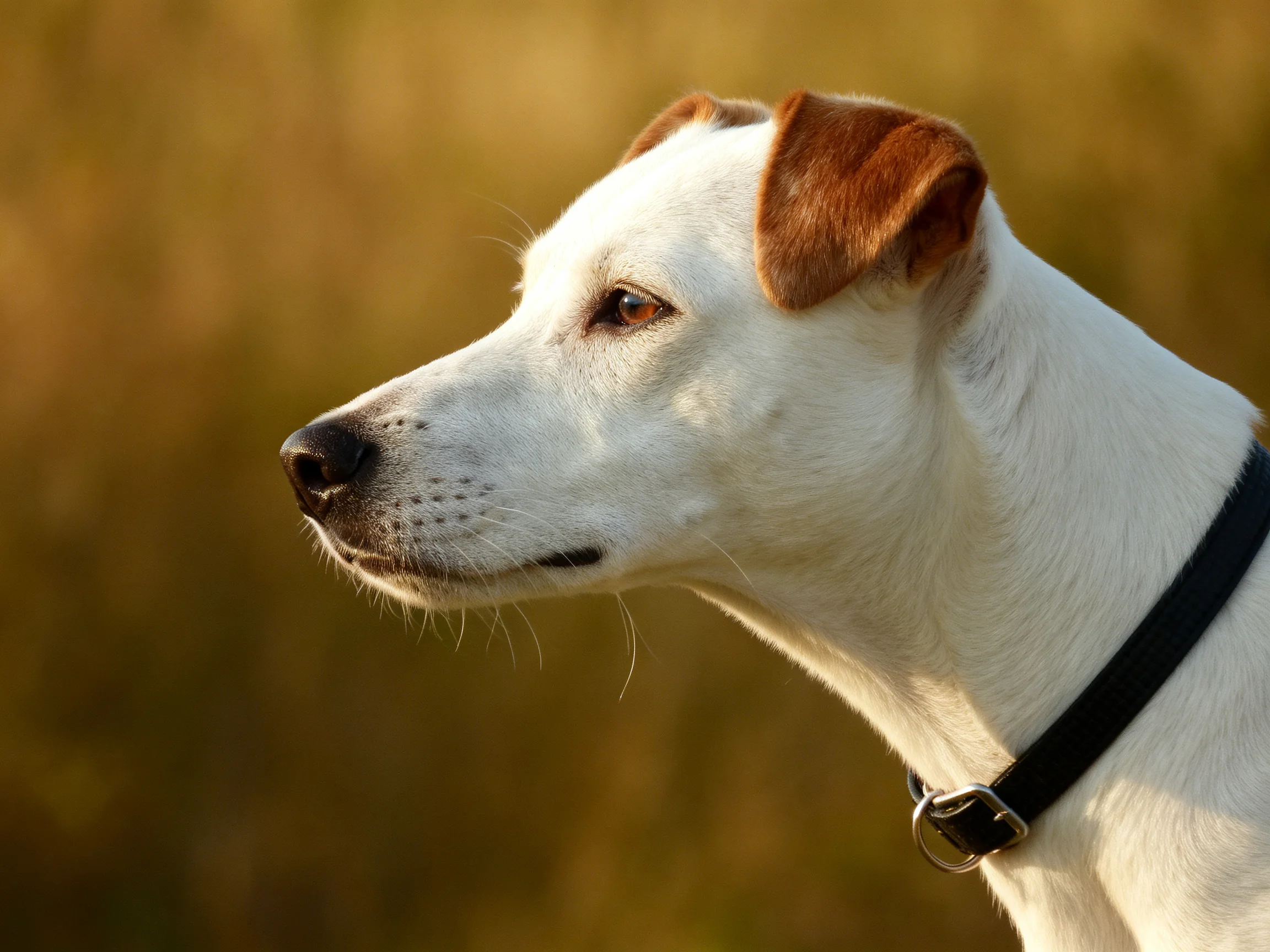 A white dog with brown ears and a black collar in a sunlit outdoor setting