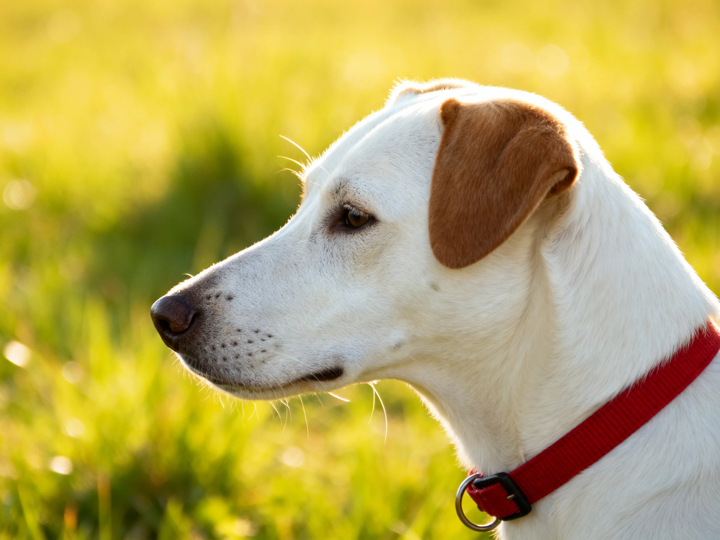 A white dog with brown ears and a red collar in a sunlit grassy area