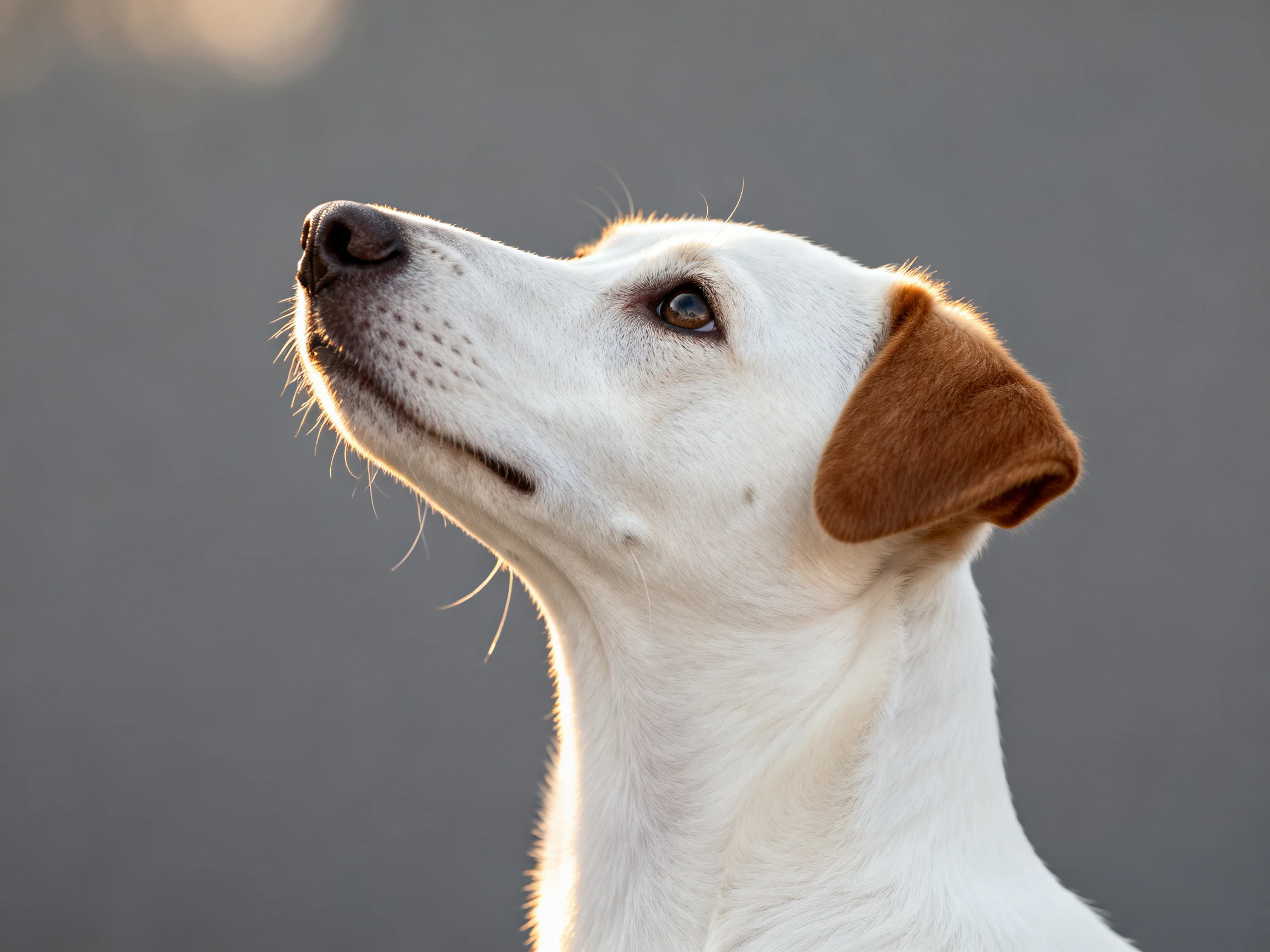 A white dog with brown ears gazes upward against a muted gray background