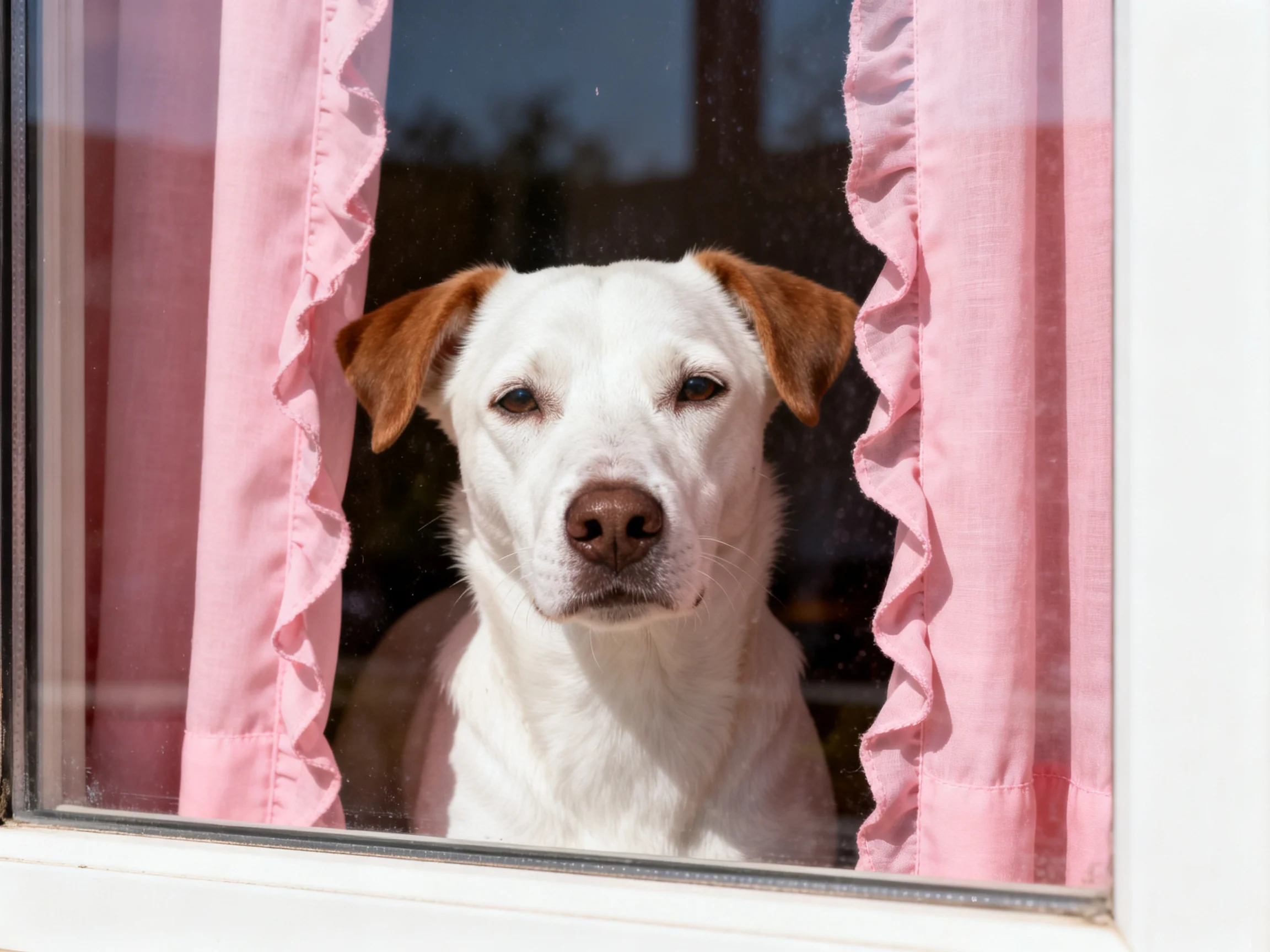 A white dog with brown ears peeks through pink ruffled curtains at a window