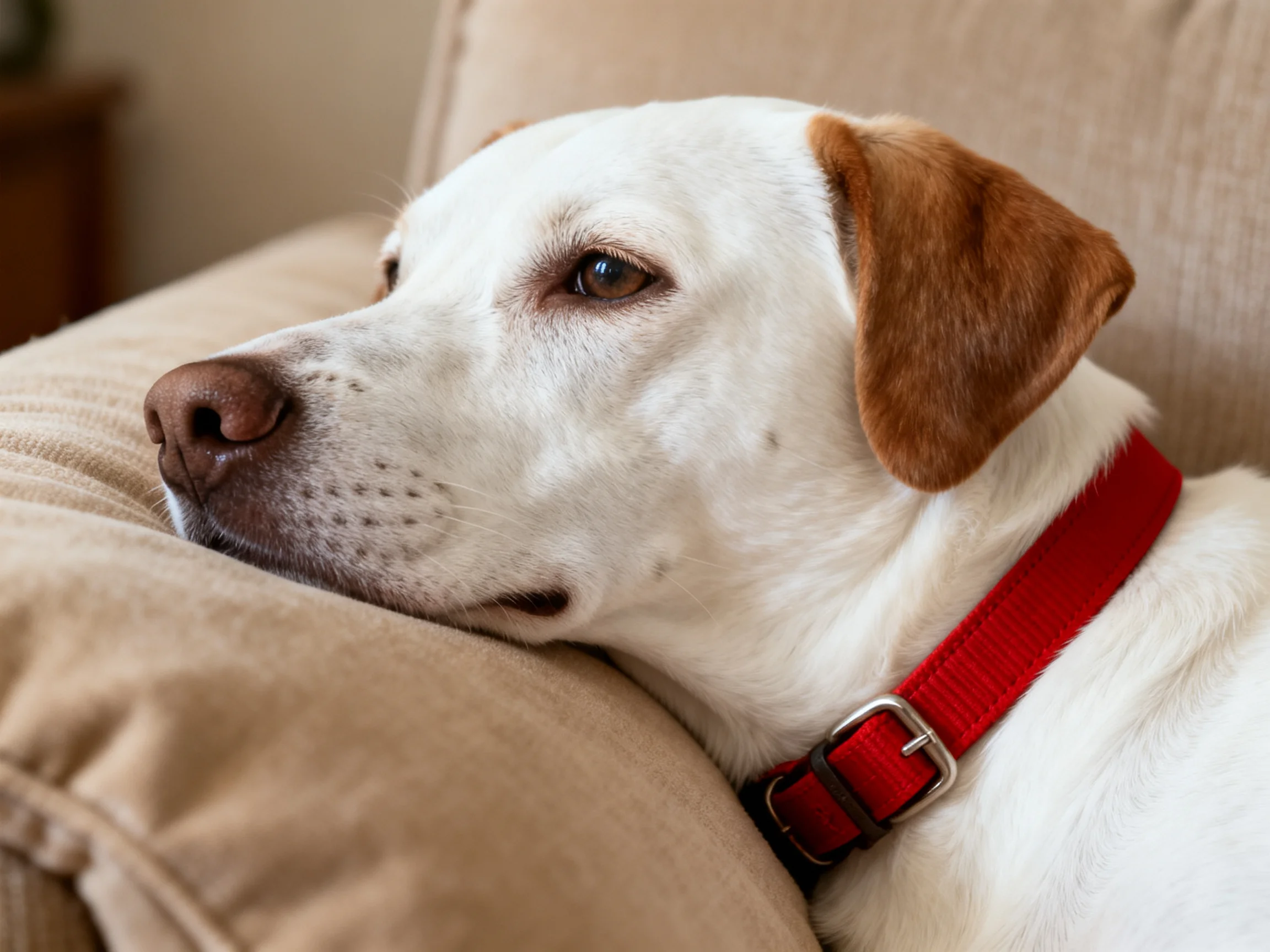 A white dog with brown ears rests on a beige couch wearing a bright red collar