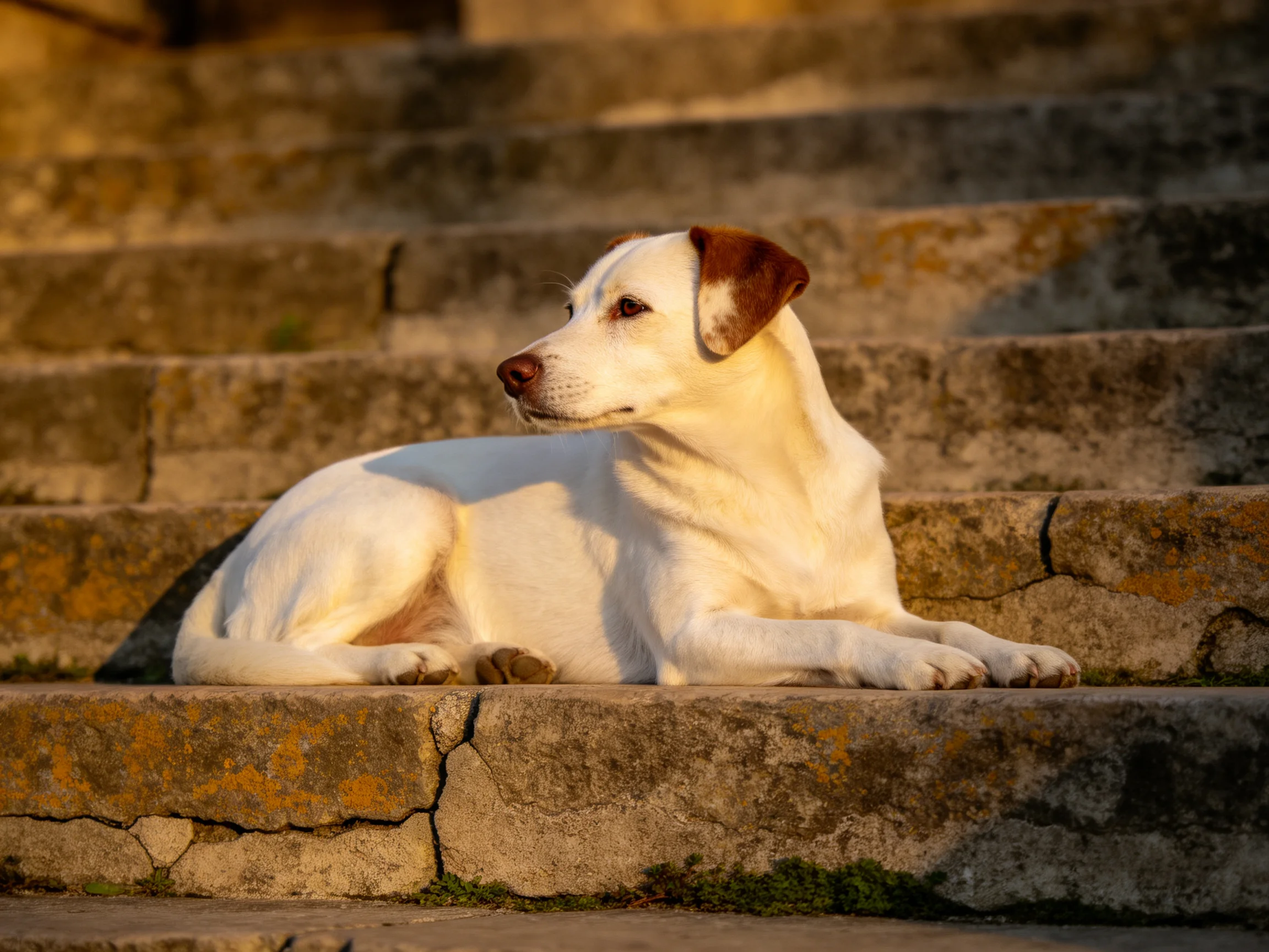 A white dog with brown ears rests on weathered stone steps
