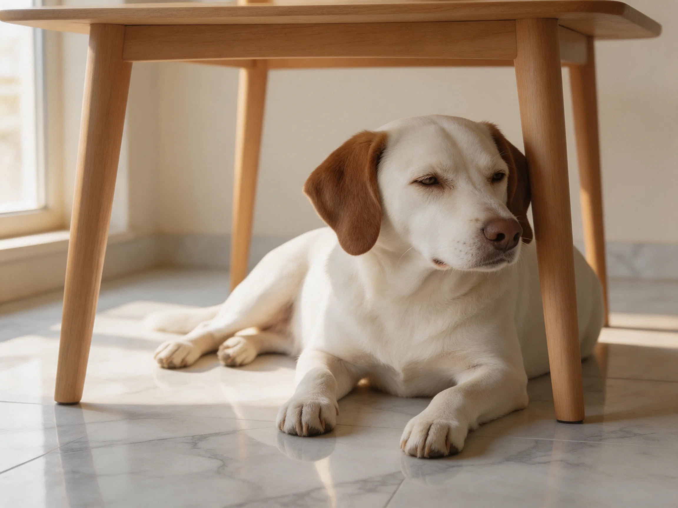 A white dog with brown ears rests under a wooden table near a window
