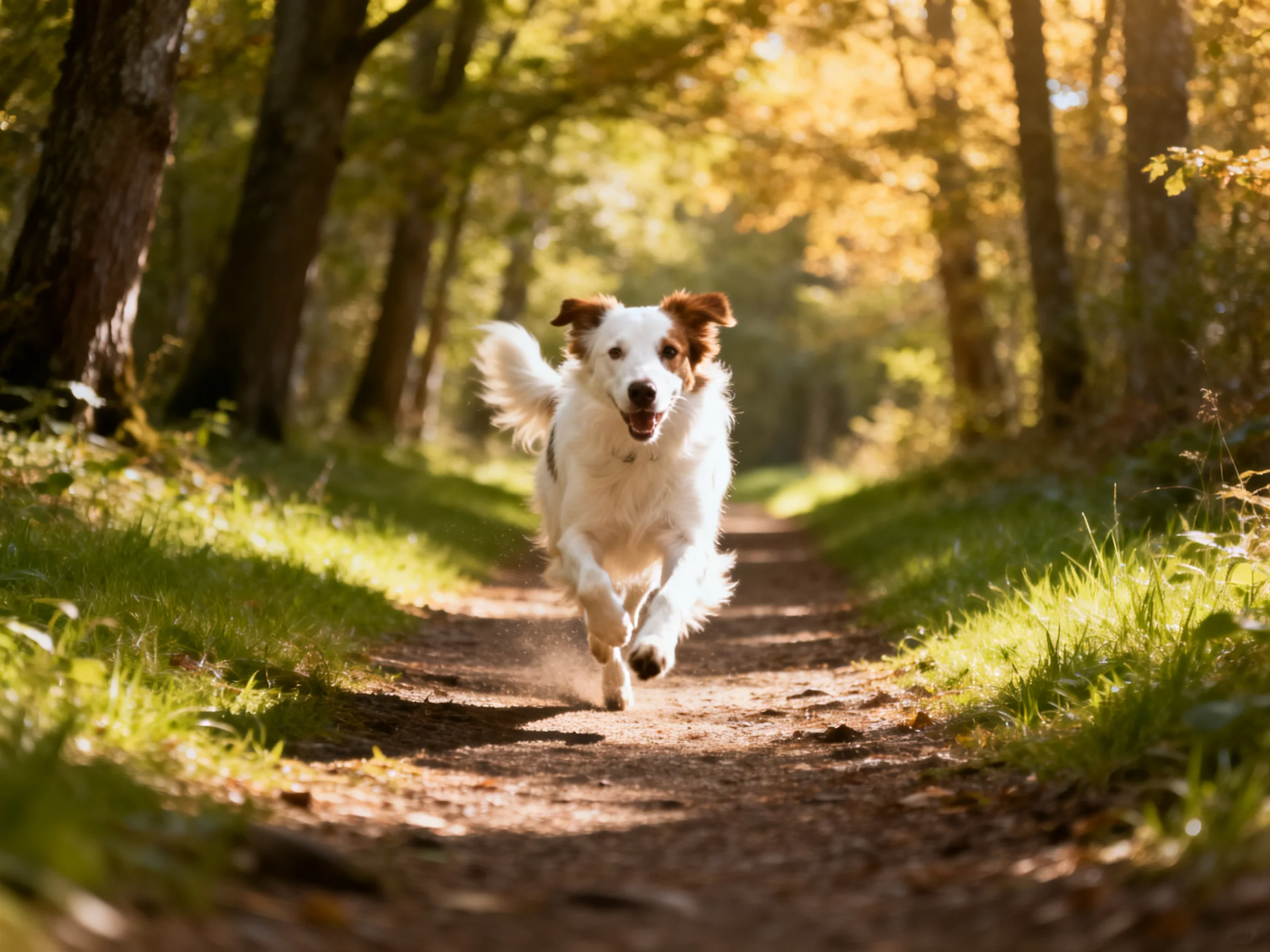 A white dog with brown ears runs down a sunlit forest path