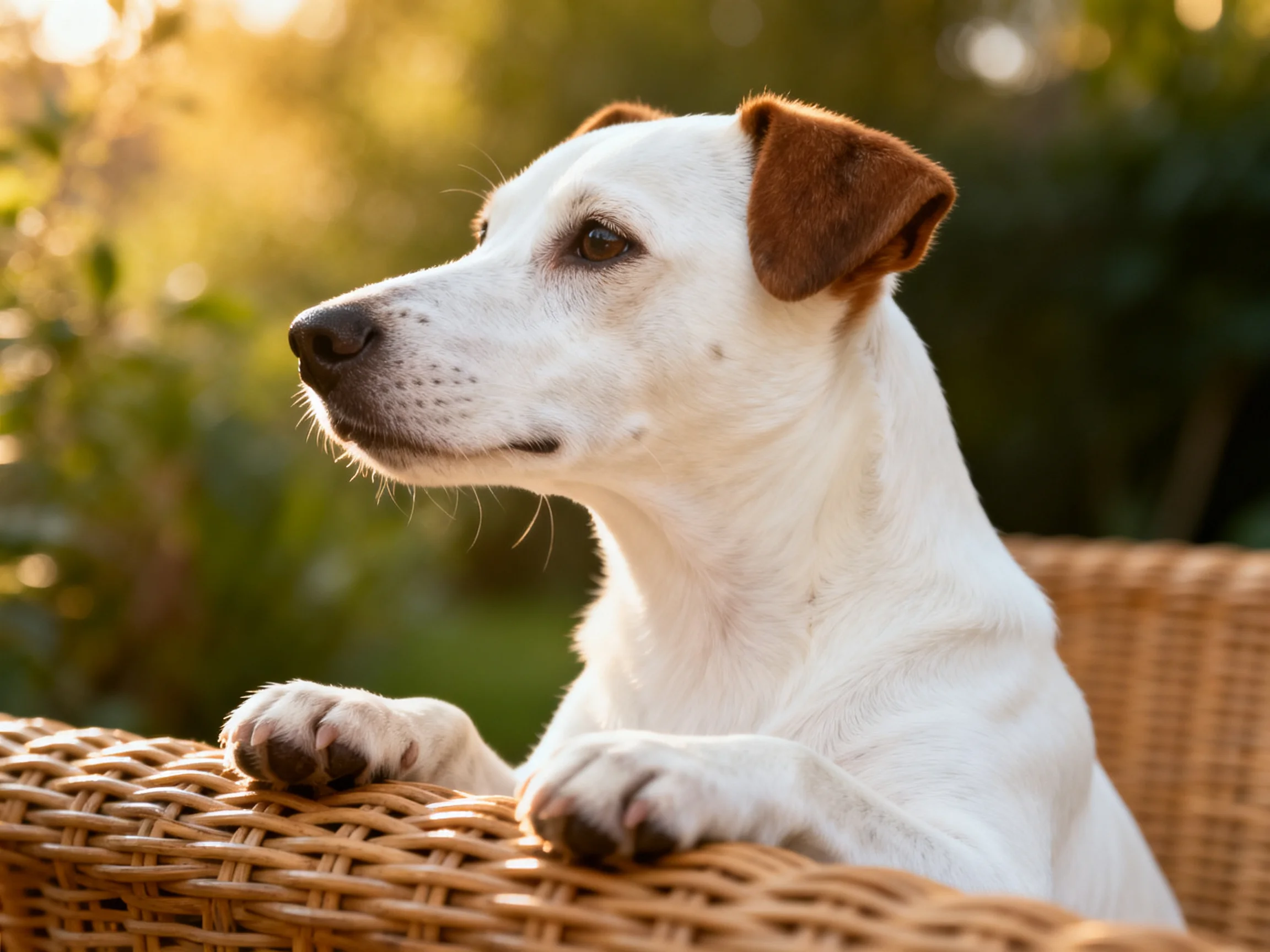 A white dog with brown ears sits on a wicker chair outside