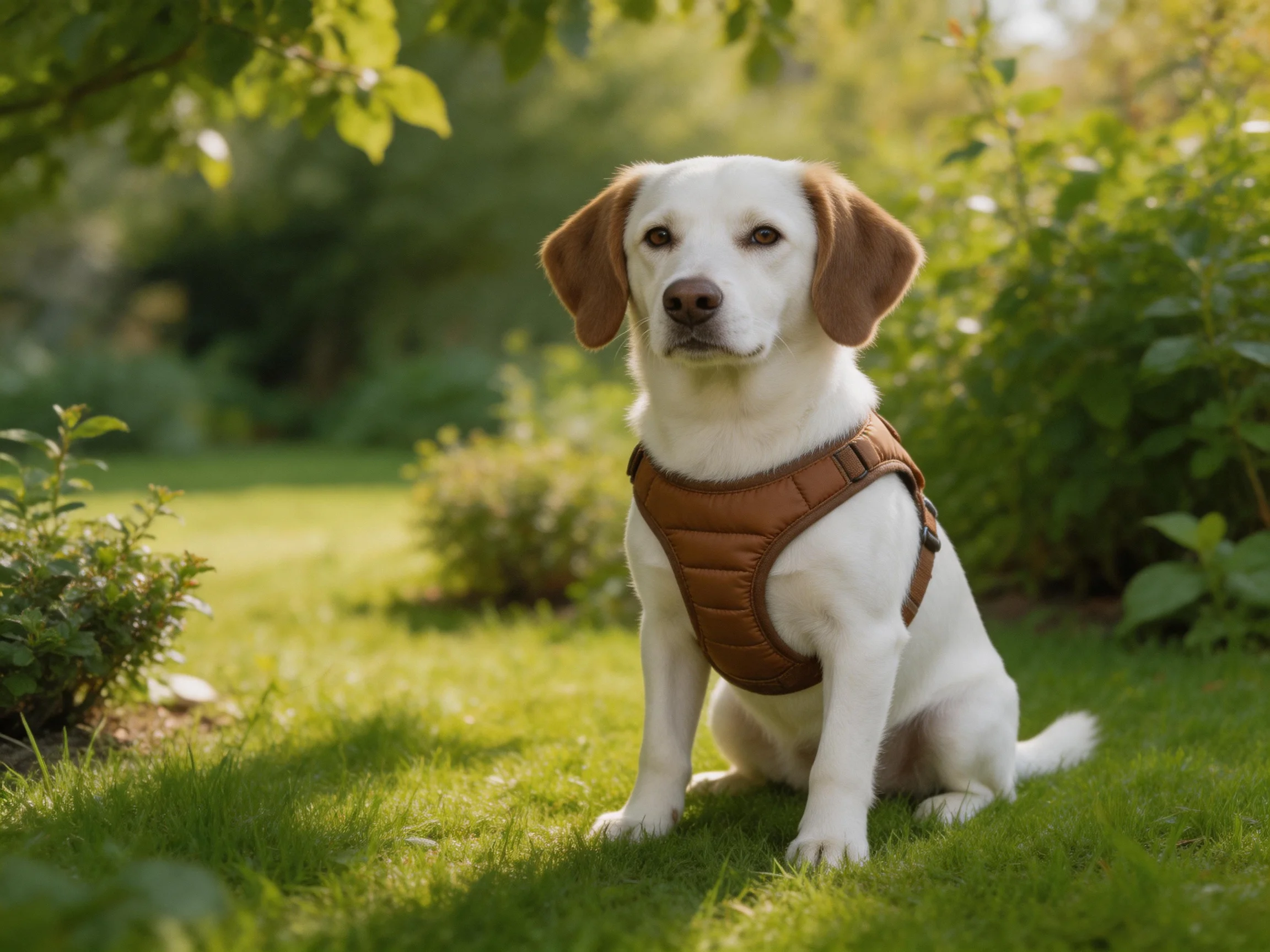 A white dog with brown ears wears a brown harness in a sunlit garden