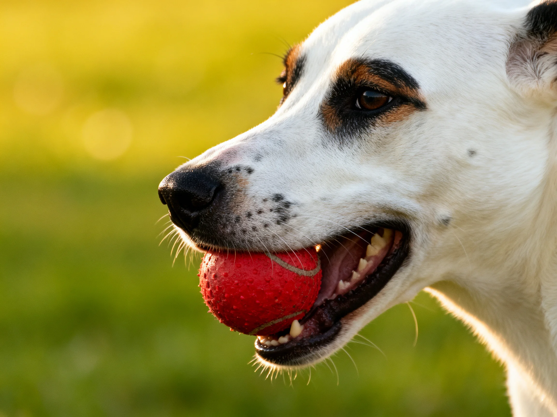 A white dog with brown facial markings carries a red ball outdoors