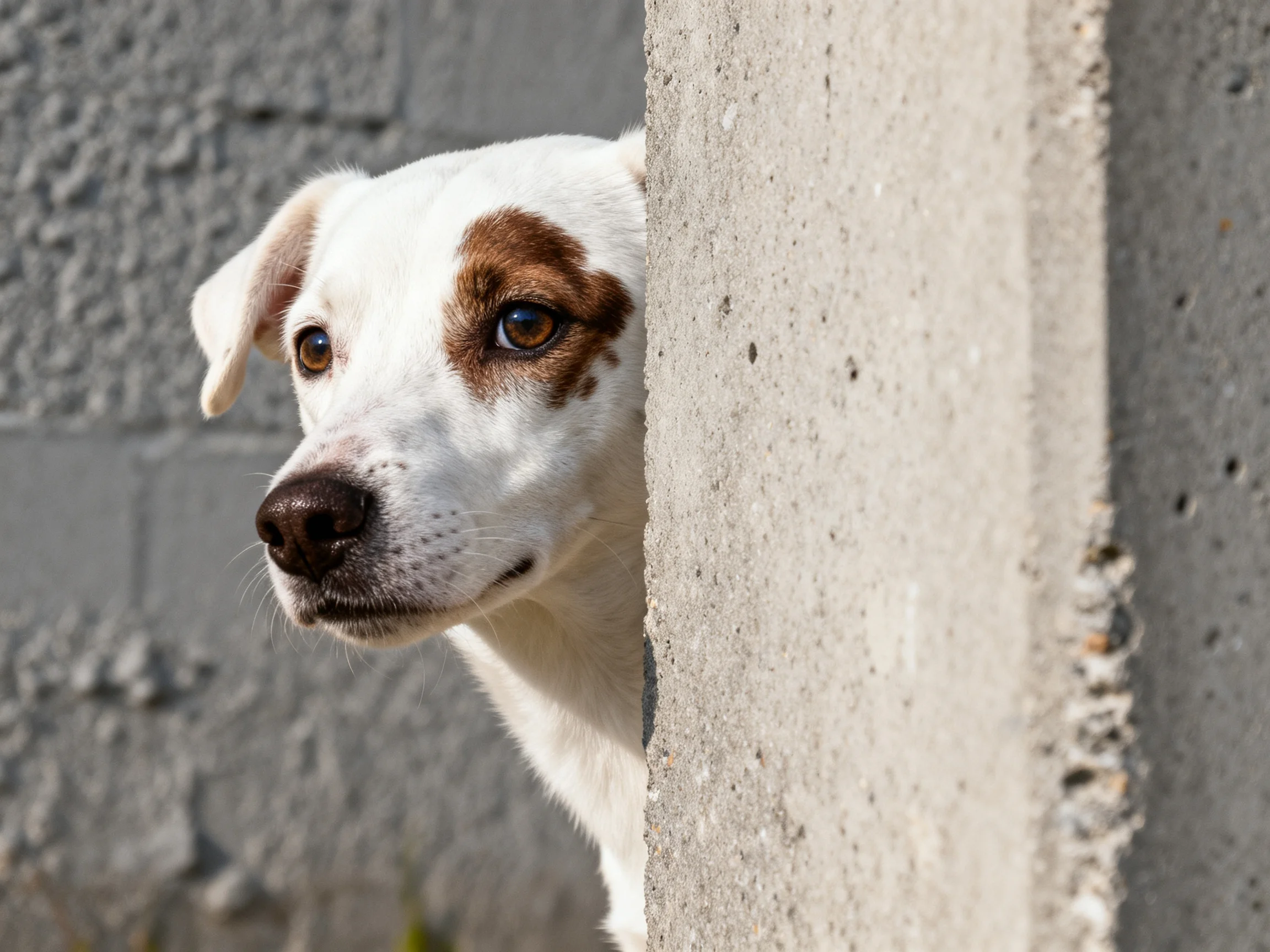 A white dog with brown markings peeks from a concrete post near a gray brick wall