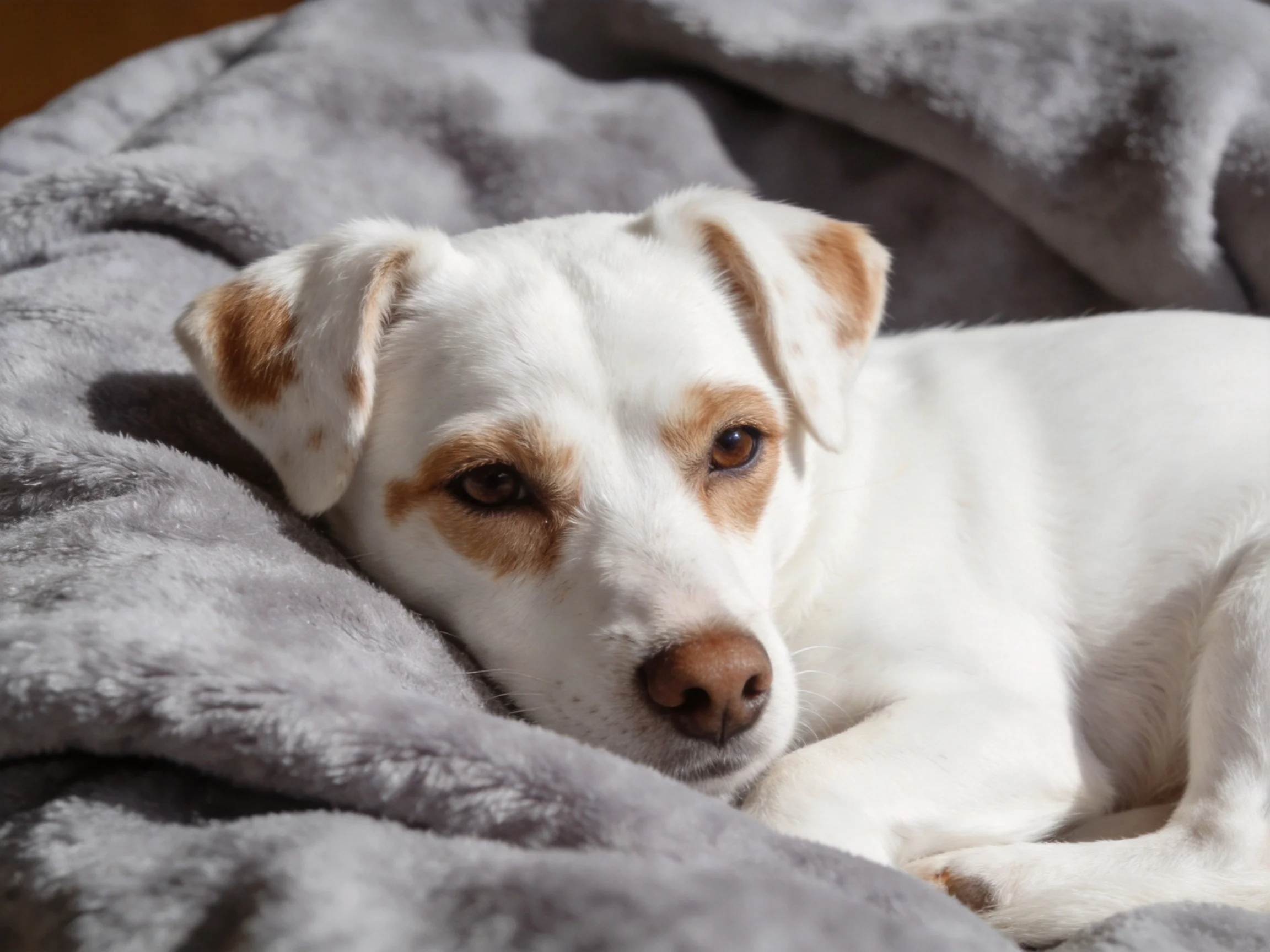 A white dog with brown markings rests on a soft gray blanket