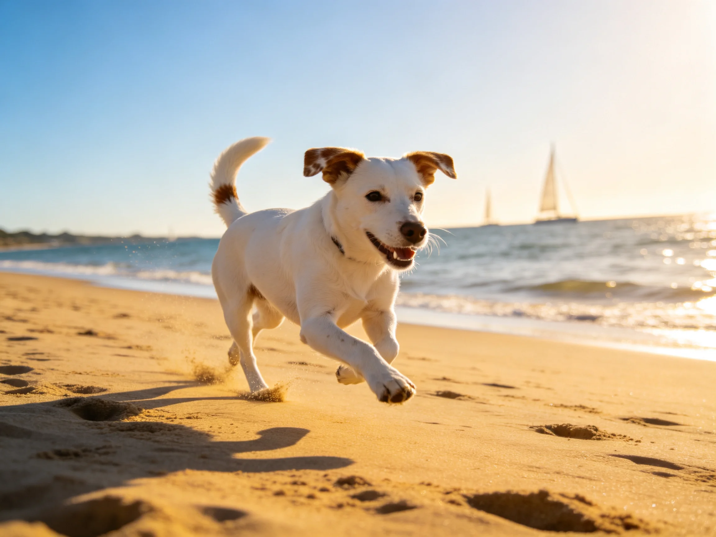 A white dog with brown patches runs joyfully along a golden sandy beach by the sea
