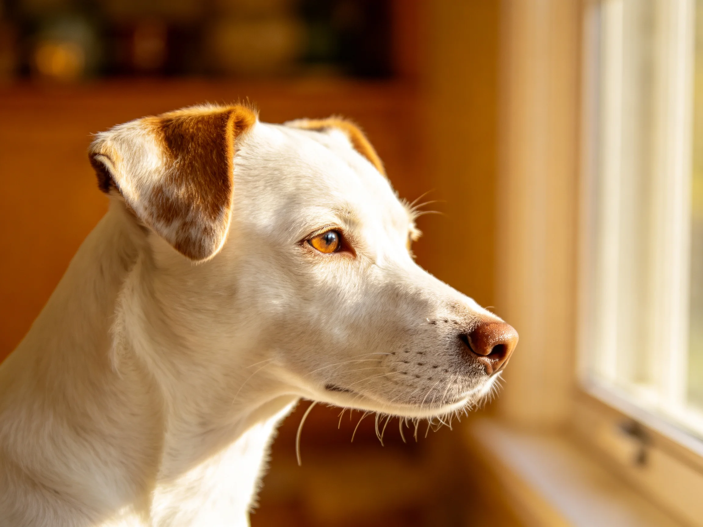 A white dog gazes toward a sunlit window