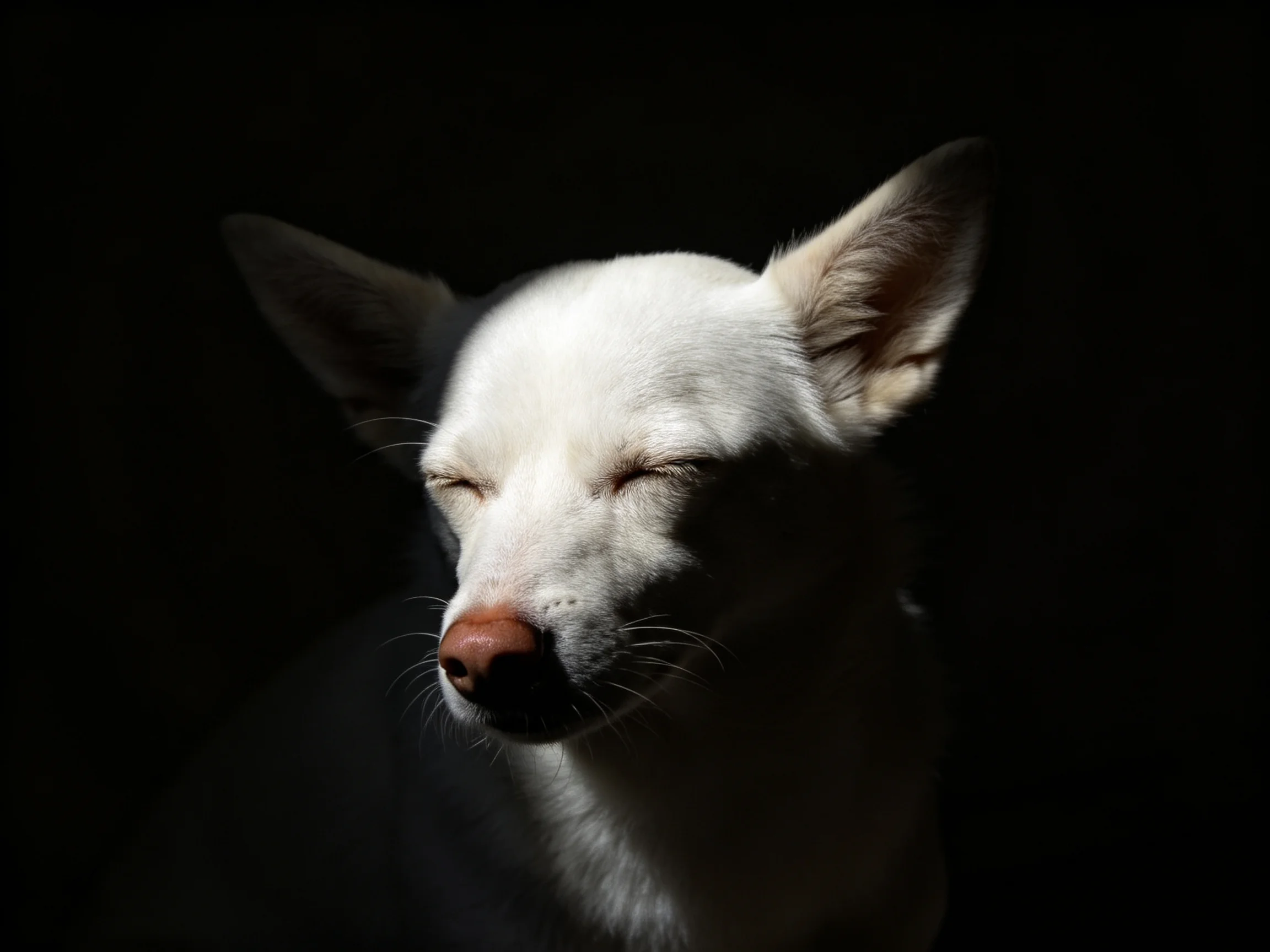 A white dog with closed eyes in dramatic low-key lighting