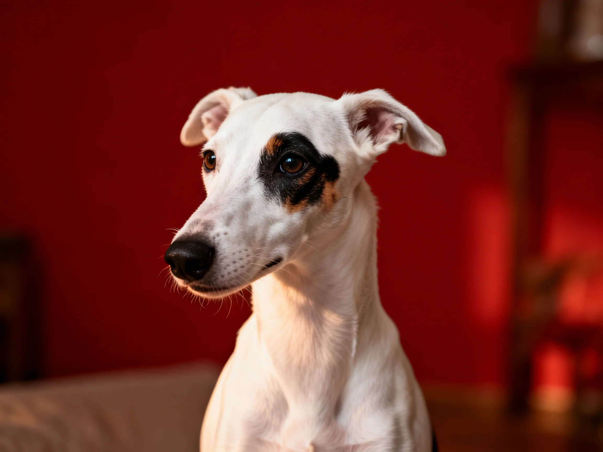 A white dog with dark facial patches near a vibrant red wall