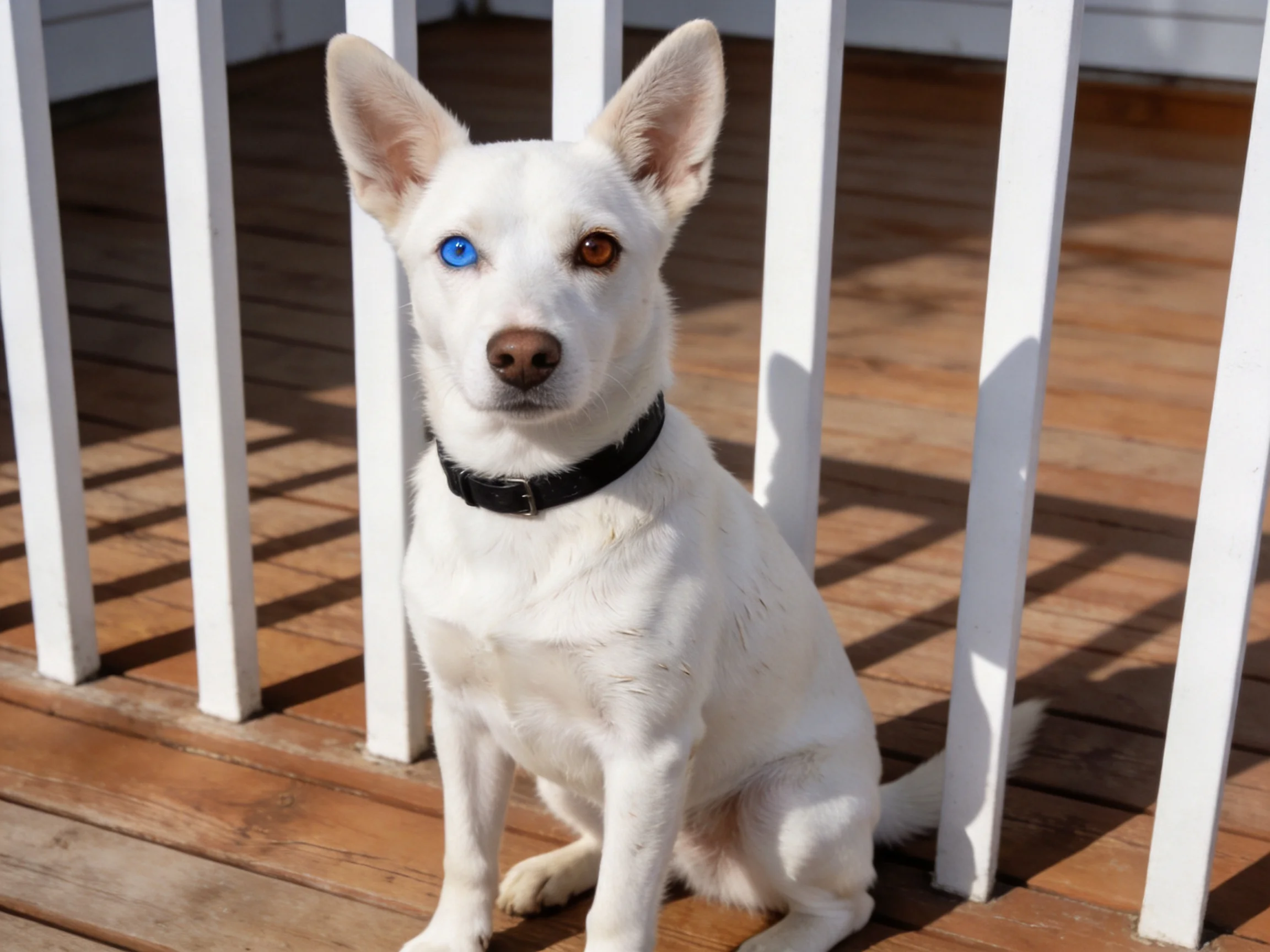 A white dog with differently colored eyes sits near white railings on a wooden deck.