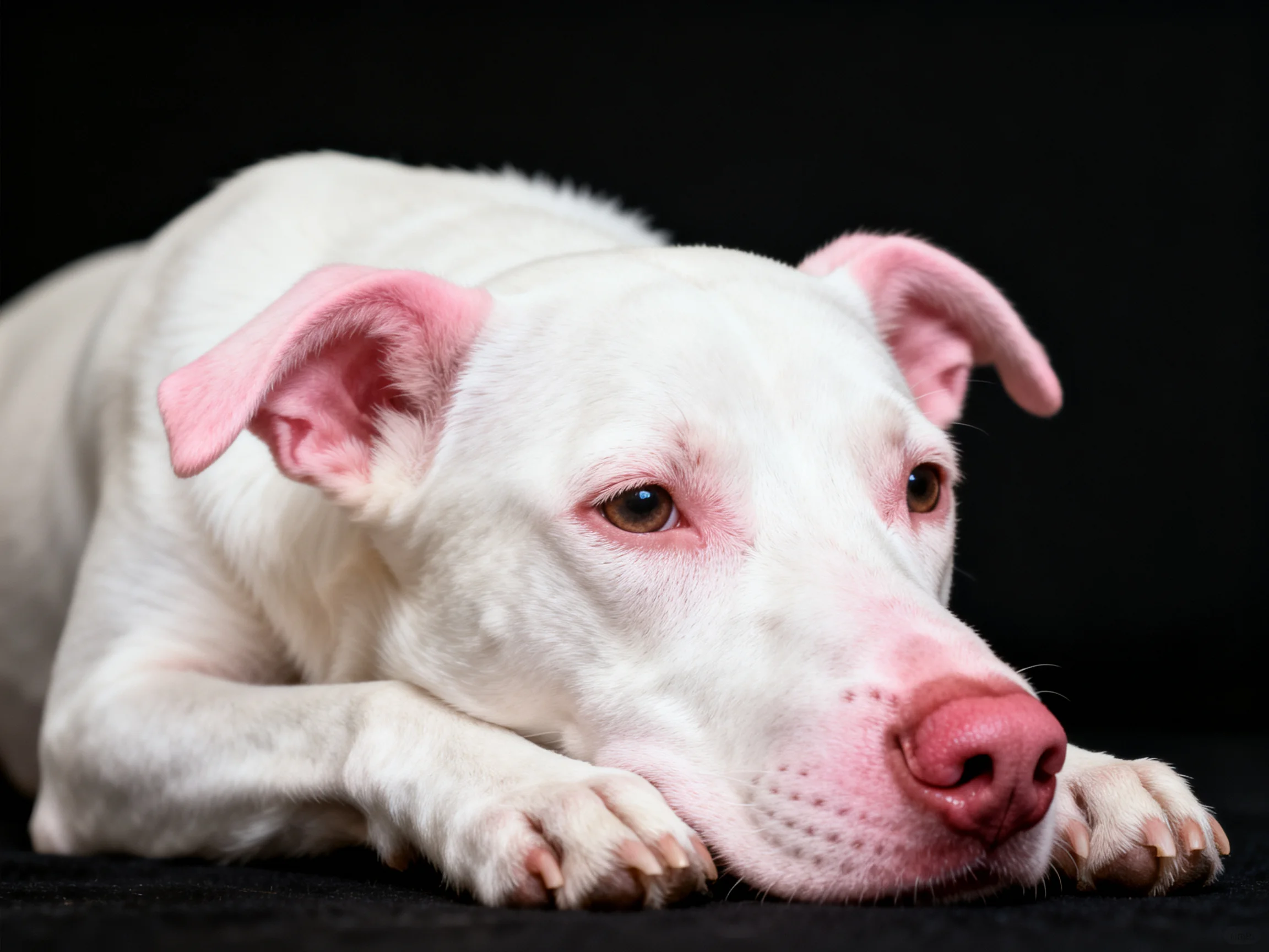 A white dog with pink features rests on a black surface.