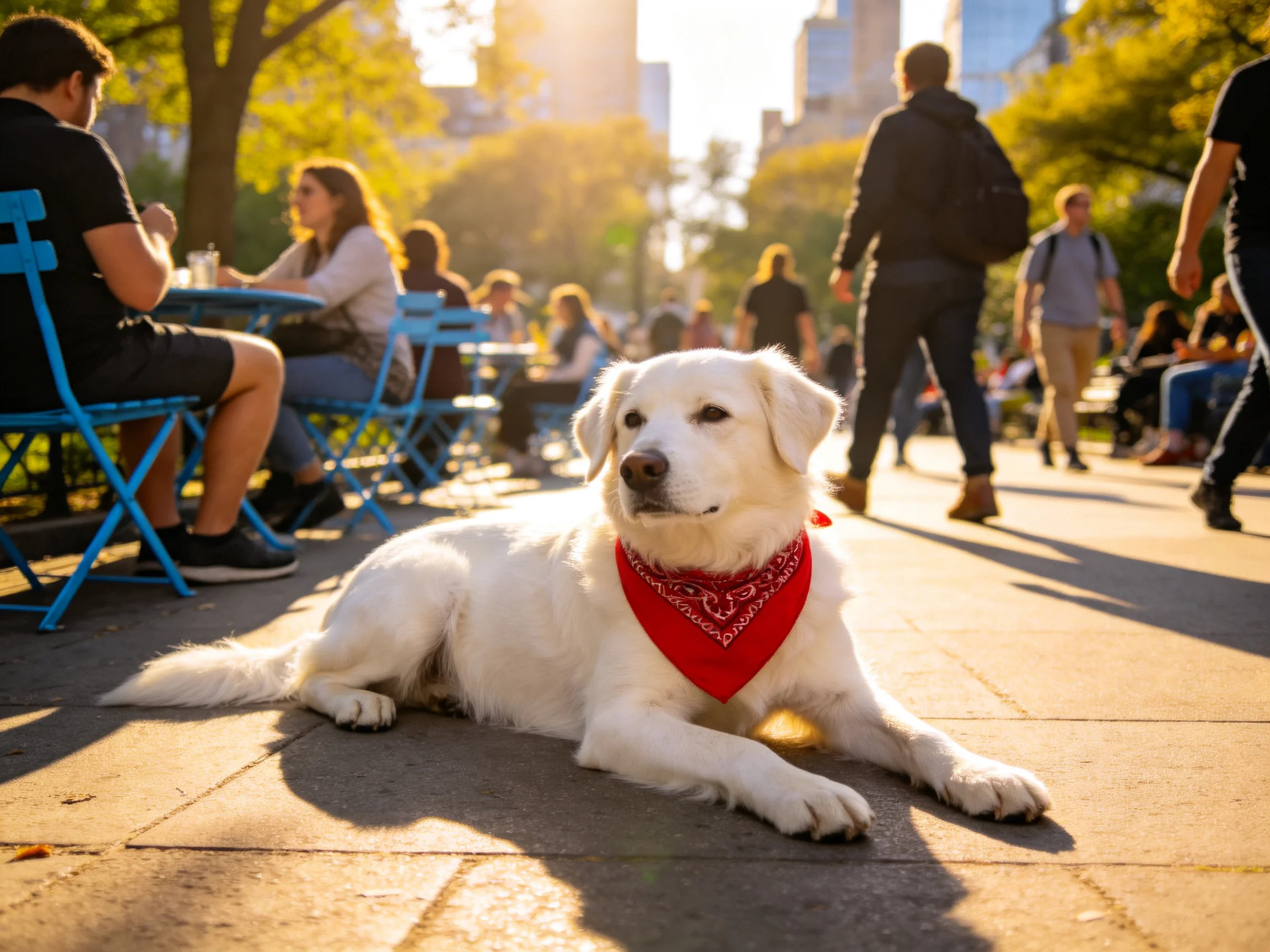 A white dog with red bandana in a sunny city park