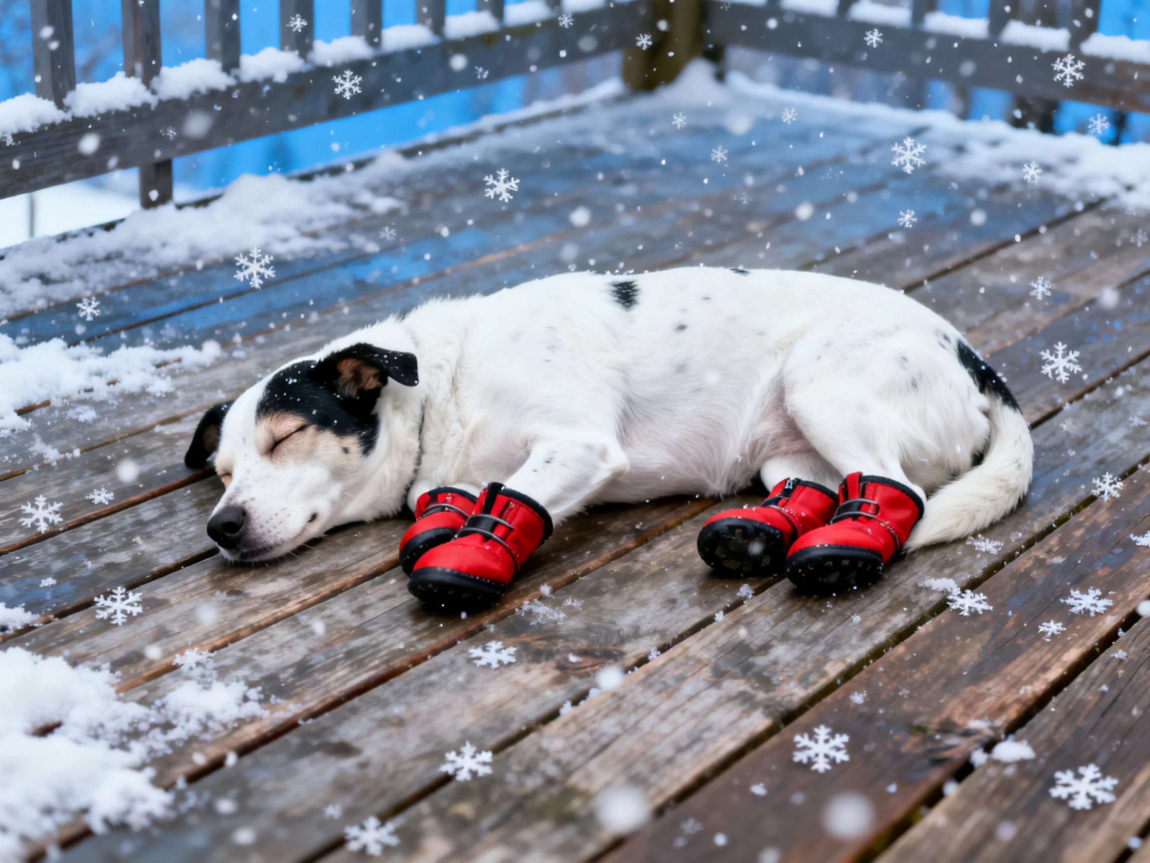 A white dog with red booties sleeps on a snow-dusted wooden deck
