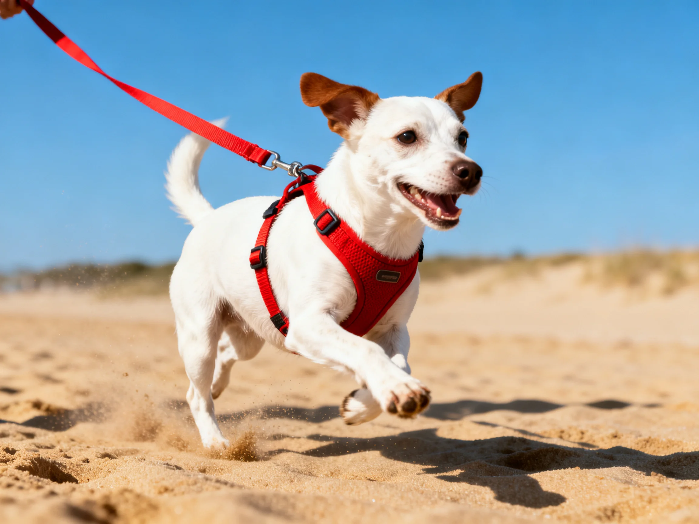 A white dog with red harness runs joyfully on sandy beach